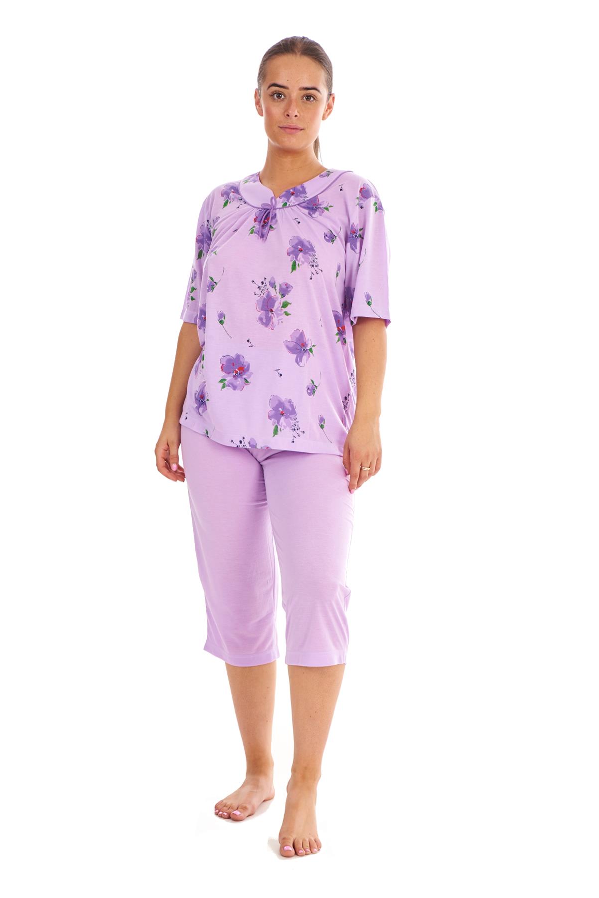 Ladies Cropped Pyjama Set Short 100 Cotton Lily Floral Print Capri