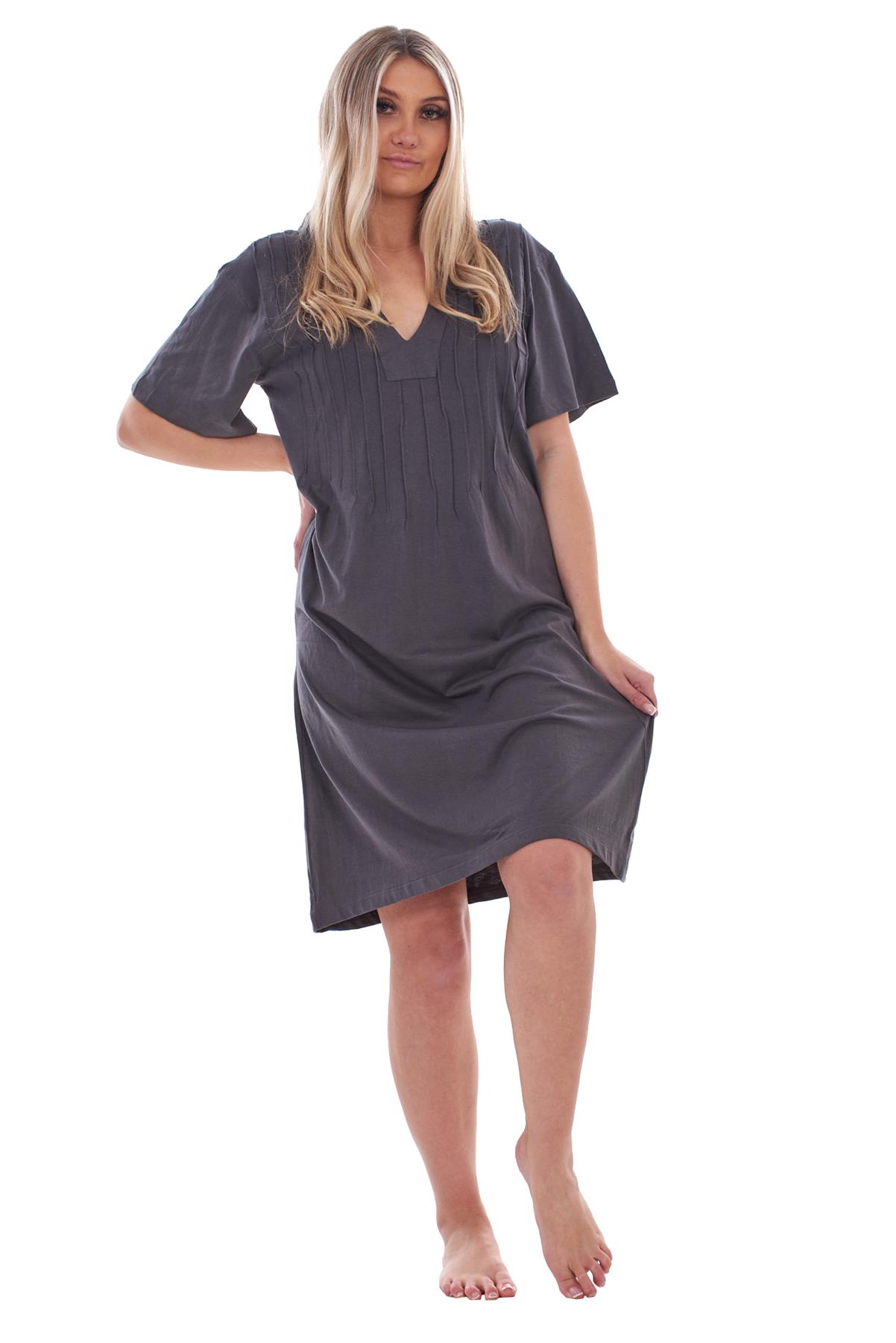 Ladies Plain Cotton Nightwear V-Neck Pleated Short Sleeve Nightie Nightshirt - Picture 13 of 33