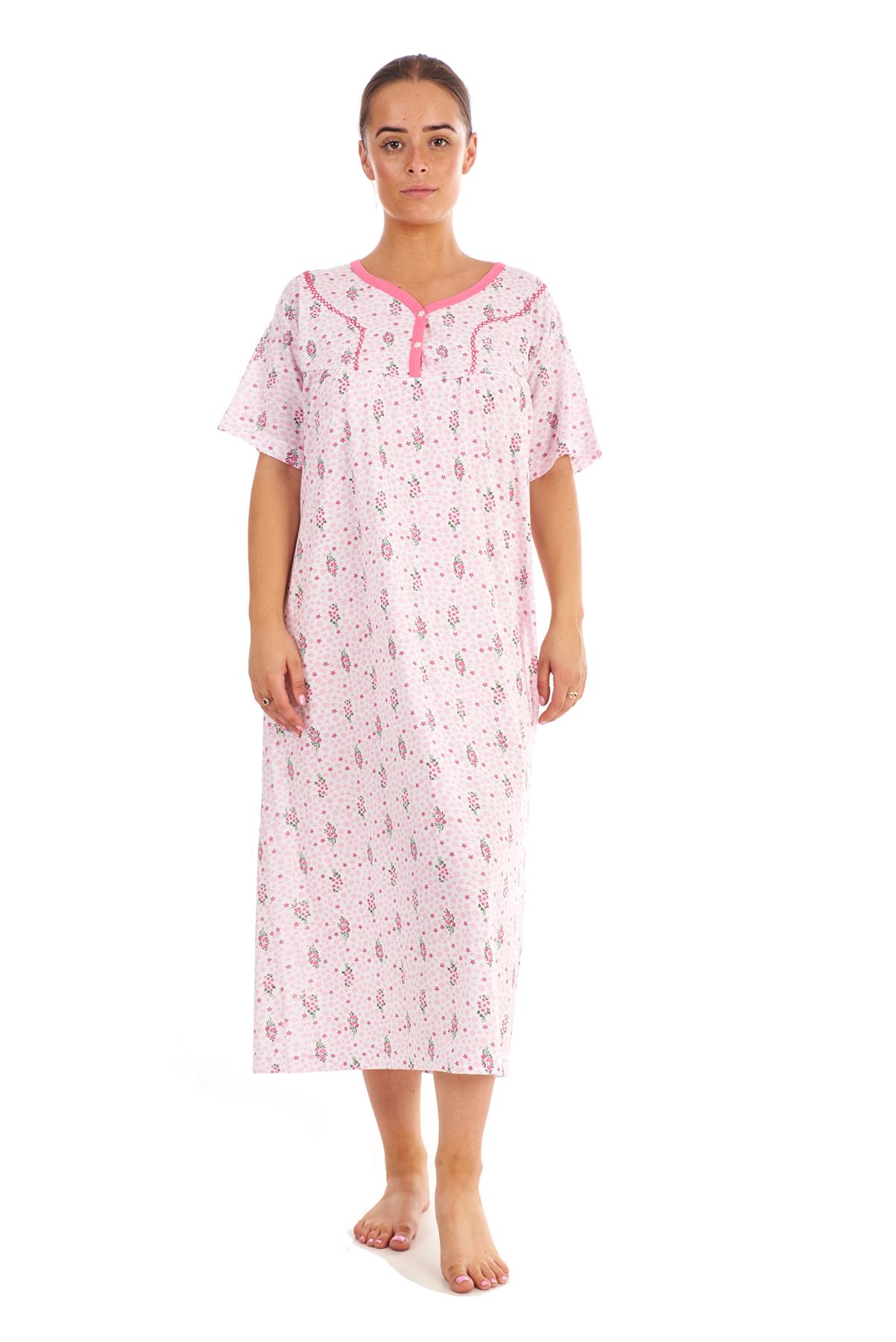 Women Cotton Long Nightdress Floral Button Short Sleeve V-Neck Soft Nightwear - Picture 15 of 16