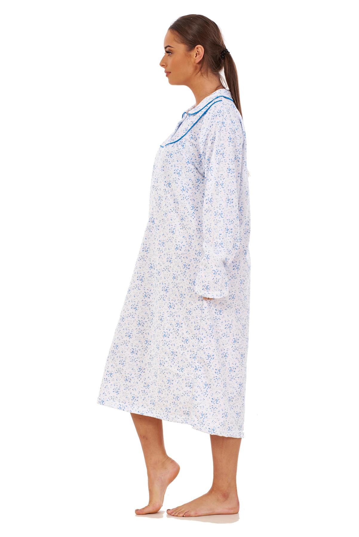 Ladies Fleece Nightdress Floral Print Long Sleeve Buttons Collar