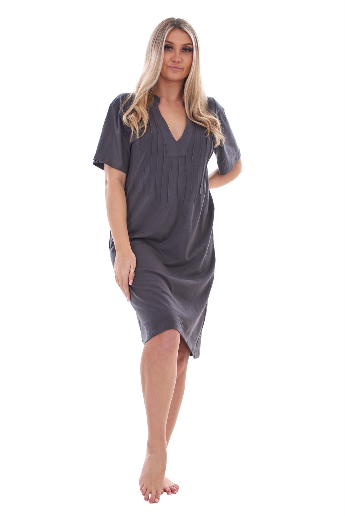 Ladies Plain Cotton Nightwear V-Neck Pleated Short Sleeve Nightie Nightshirt - Picture 14 of 33