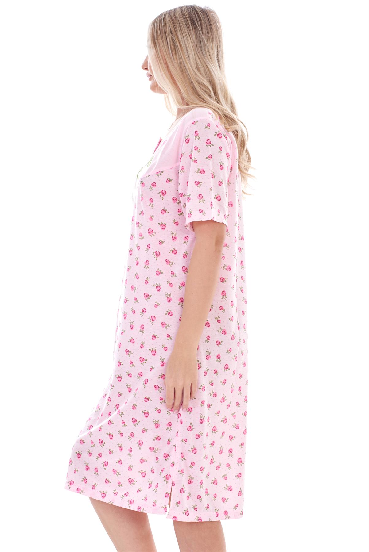 Ladies Nightdress Floral Print Chemise Short Sleeve Buttons Nightshirt