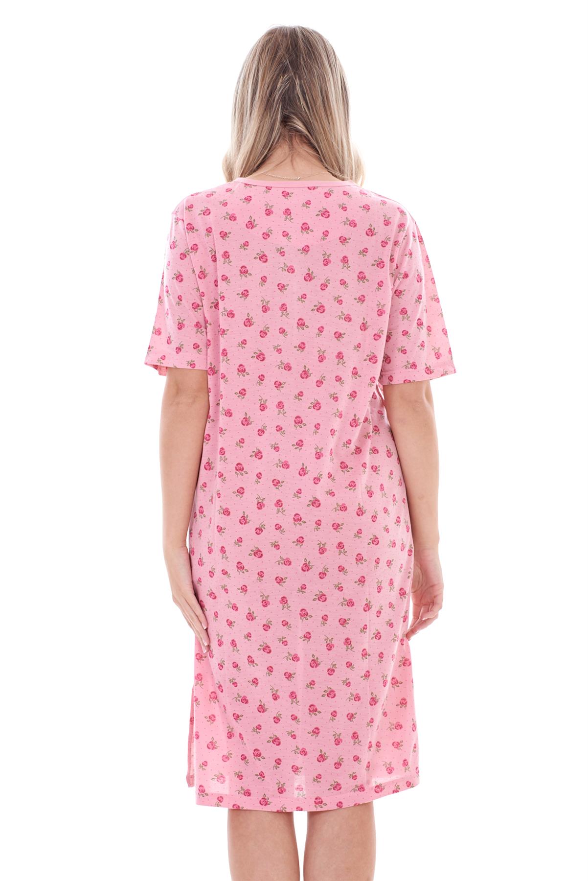 Ladies Nightdress Floral Print Chemise Short Sleeve Buttons Nightshirt