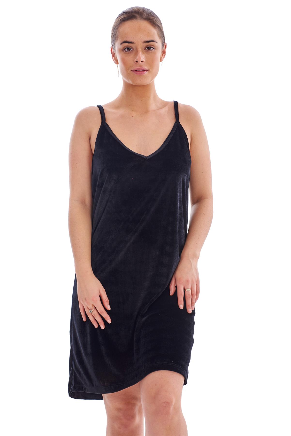 Ladies Velvet Nightdress Plain Solid Strap Midi Short Sleeveless