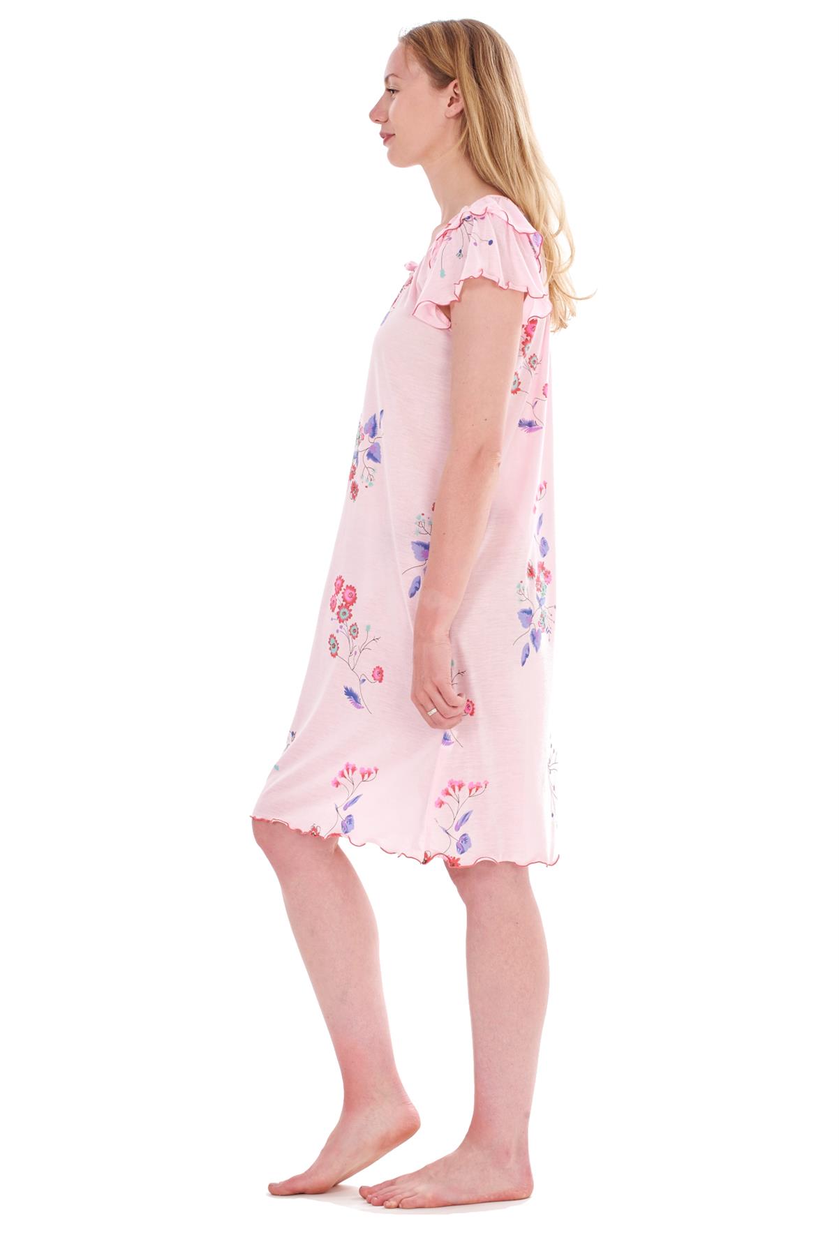 Ladies Nightdress Short 100 Cotton Cap Sleeve Crew Neck Floral