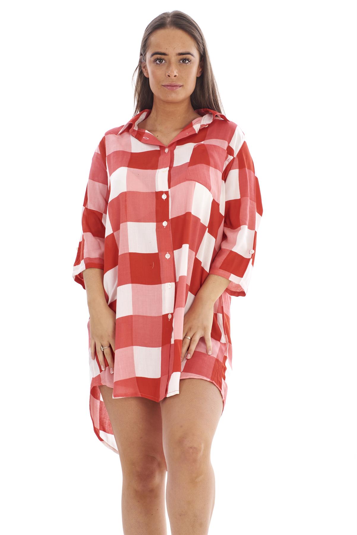 Women's Soft Cotton Check Nightshirt Long Sleeve Sleepwear Dress S to 2XL - Picture 12 of 21