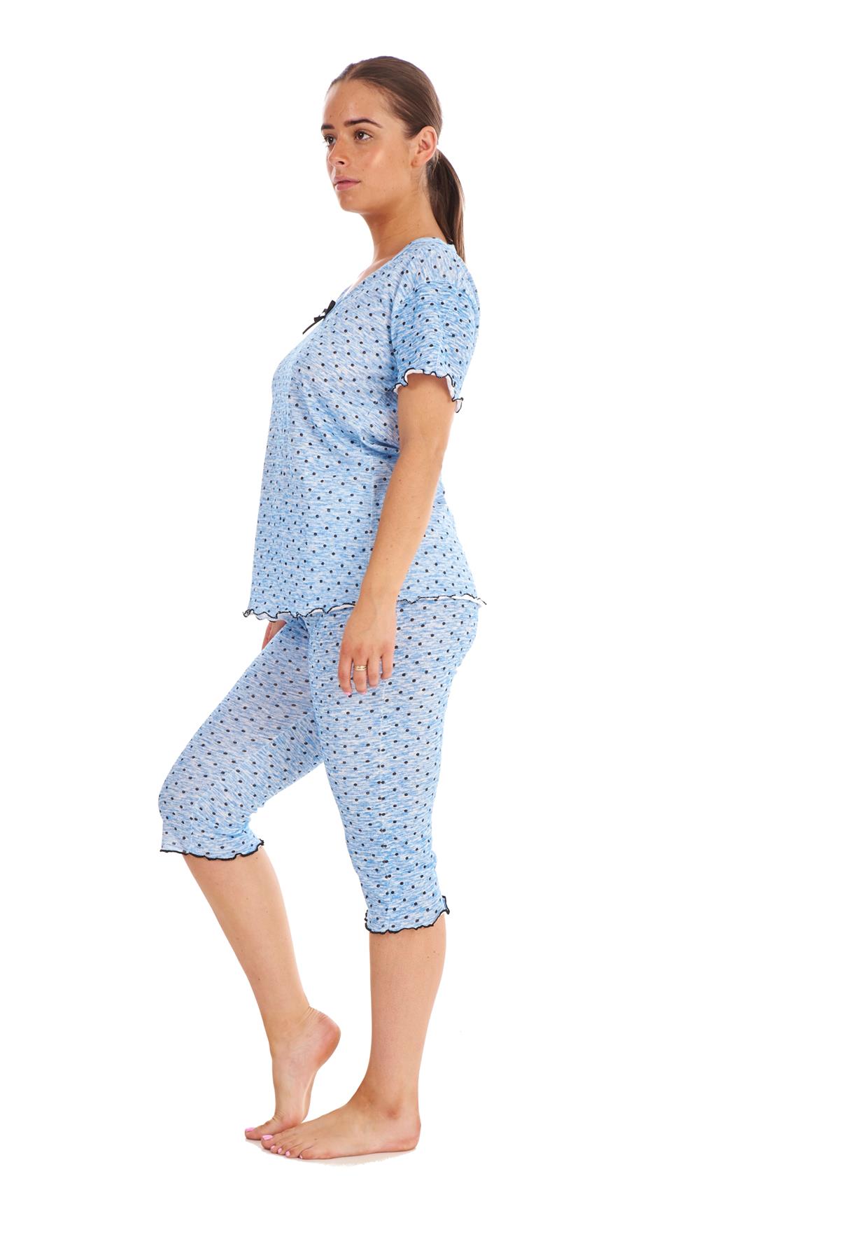 Ladies Cropped Pyjama Set Short 100% Cotton Polka Dot Melange Print V-Neck Capri | eBay