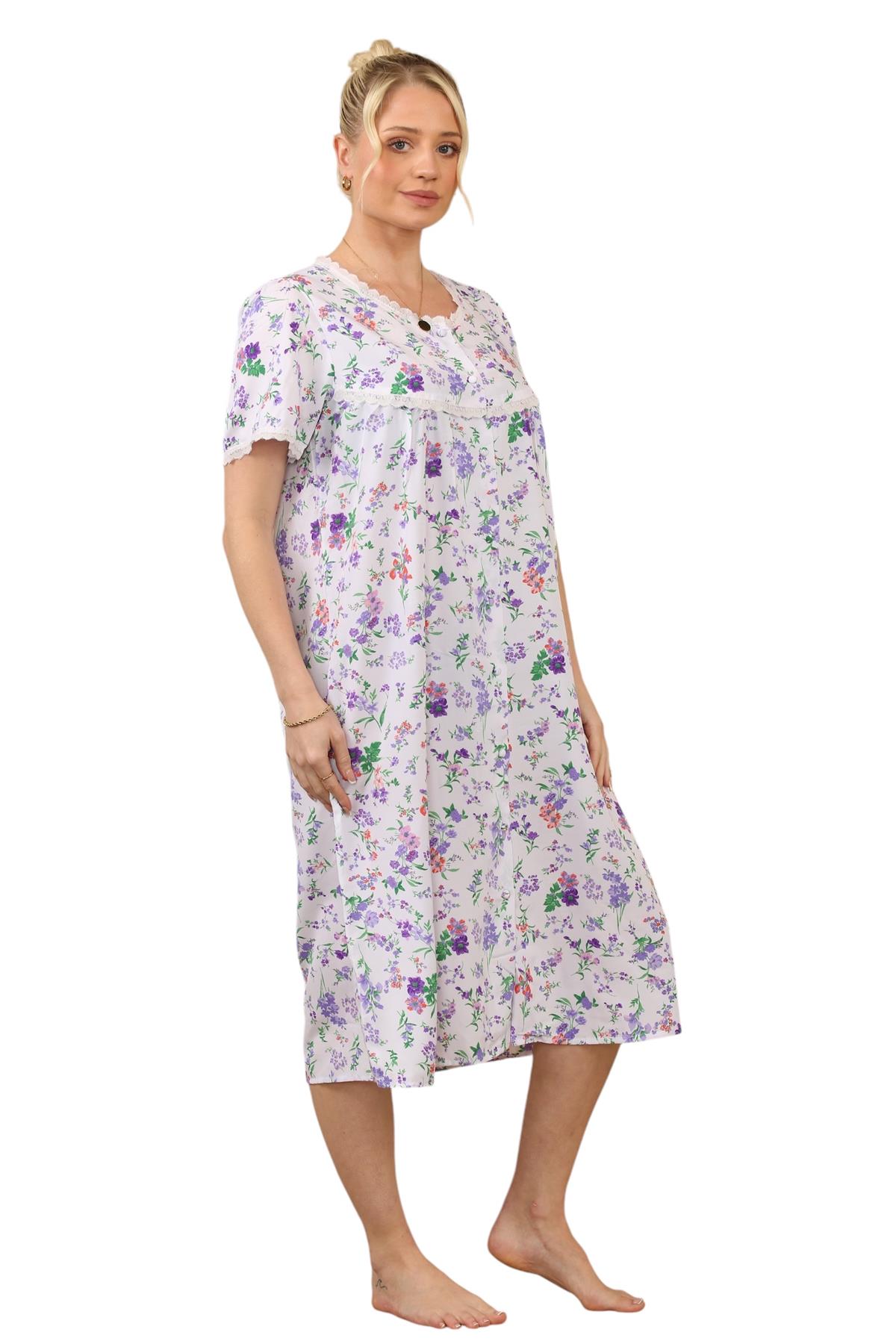 Ladies Floral Printed Lace Trim Button-Through Regular Comfort Nightdress - Picture 9 of 14