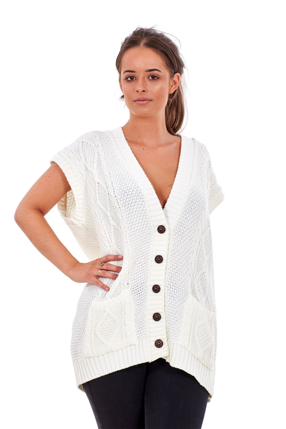 New Plus Size Women Moss Knitted Waistcoat Pockets Sleeveless Buttons