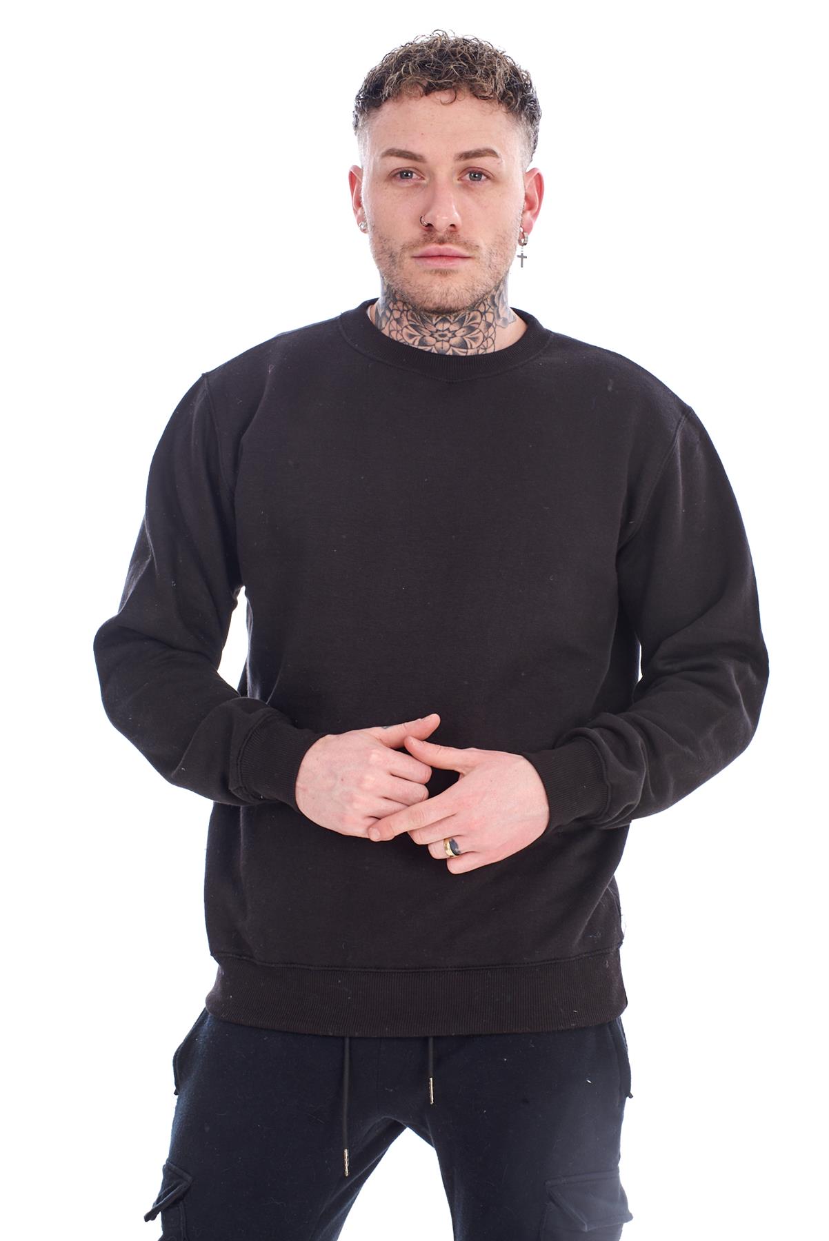 Mens Fleece Sweatshirt Plain Long Sleeve Ribbed Cuff Hem Pullover Top Jumper