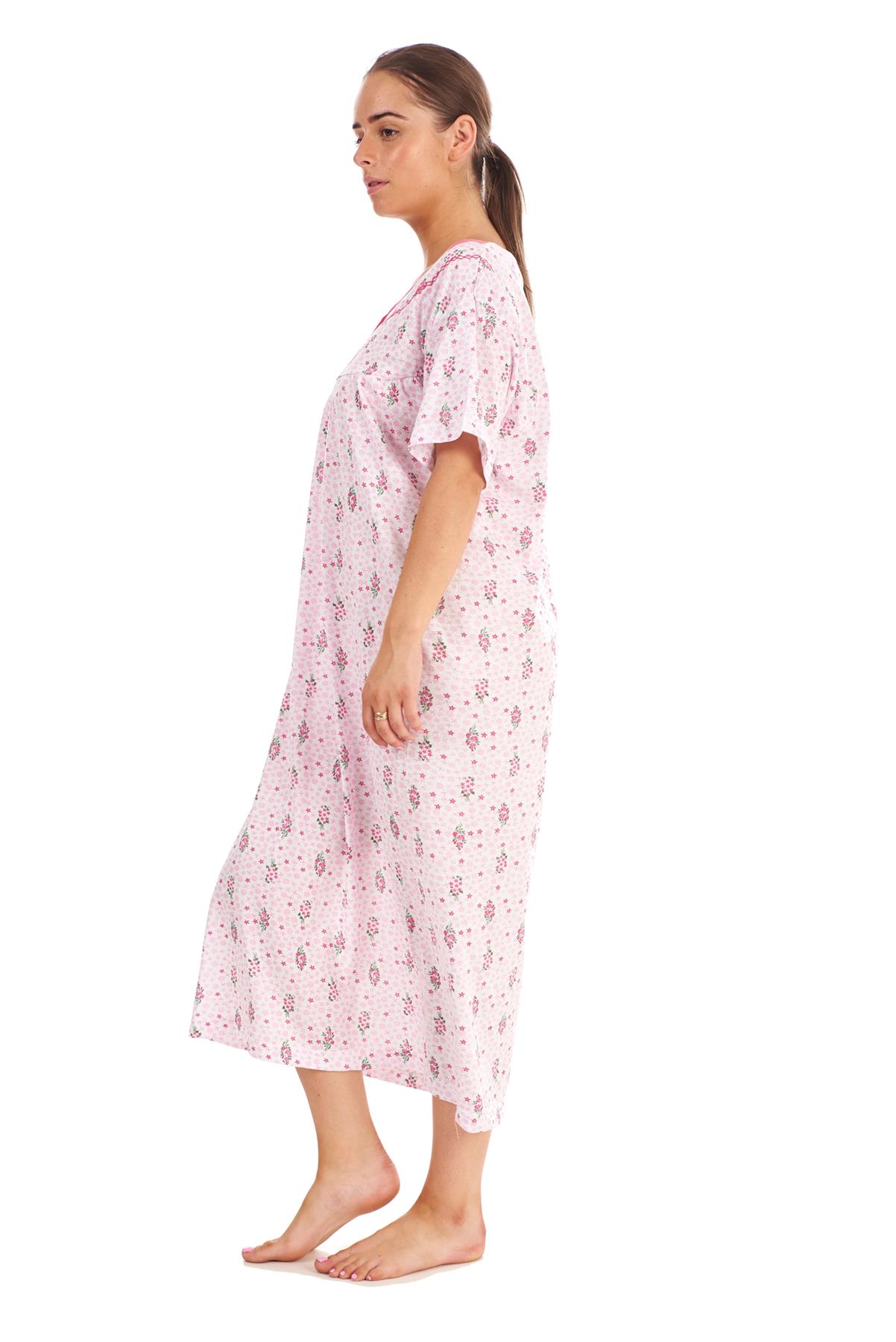 Women Cotton Long Nightdress Floral Button Short Sleeve V-Neck Soft Nightwear - Picture 16 of 16