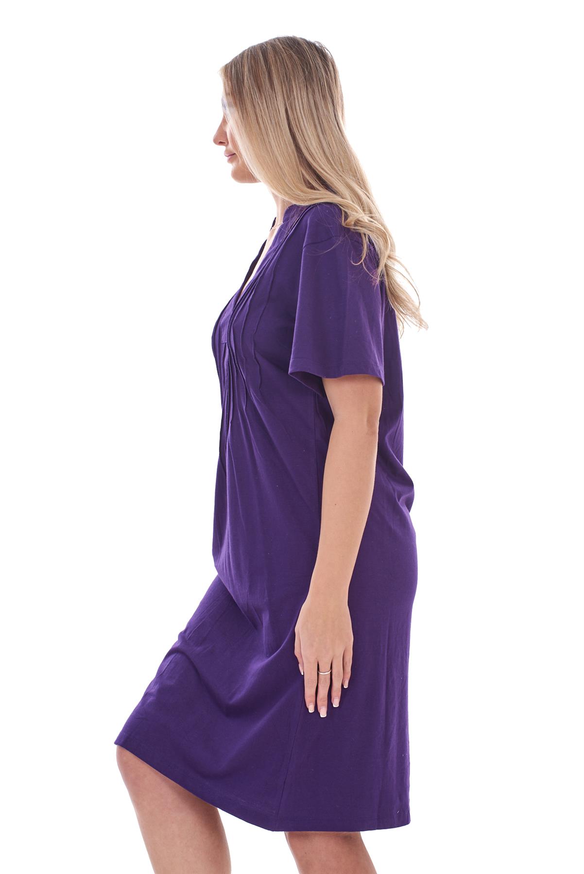 Ladies Plain Cotton Nightwear V-Neck Pleated Short Sleeve Nightie Nightshirt - Picture 29 of 33