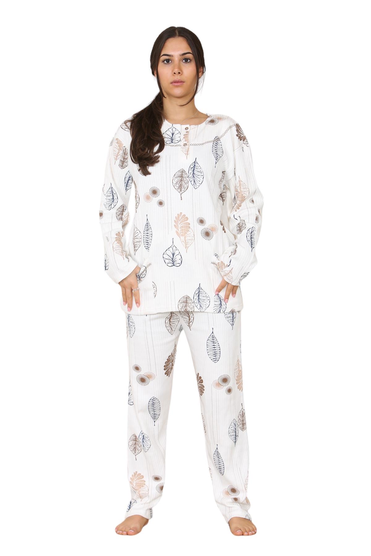 Womens Cotton Pyjamas Set Long Sleeve Leaf Print Thermal Loungewear Nightwear UK - Picture 5 of 18