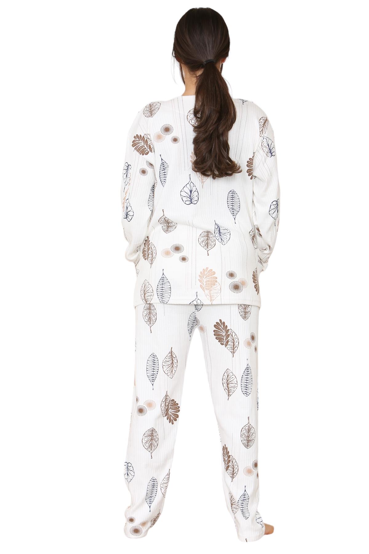 Womens Cotton Pyjamas Set Long Sleeve Leaf Print Thermal Loungewear Nightwear UK - Picture 8 of 18