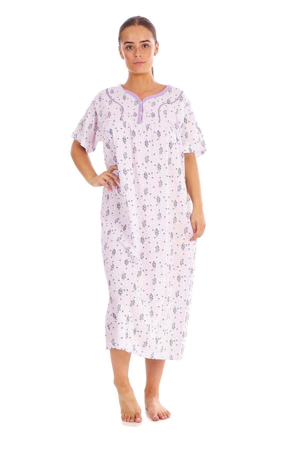 Women Cotton Long Nightdress Floral Button Short Sleeve V-Neck Soft Nightwear - Picture 7 of 16