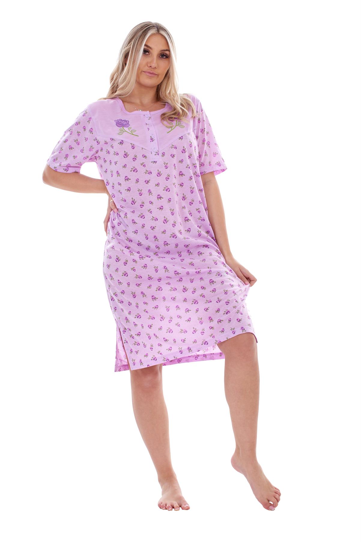 Ladies Nightdress Floral Print Chemise Short Sleeve Buttons Nightshirt