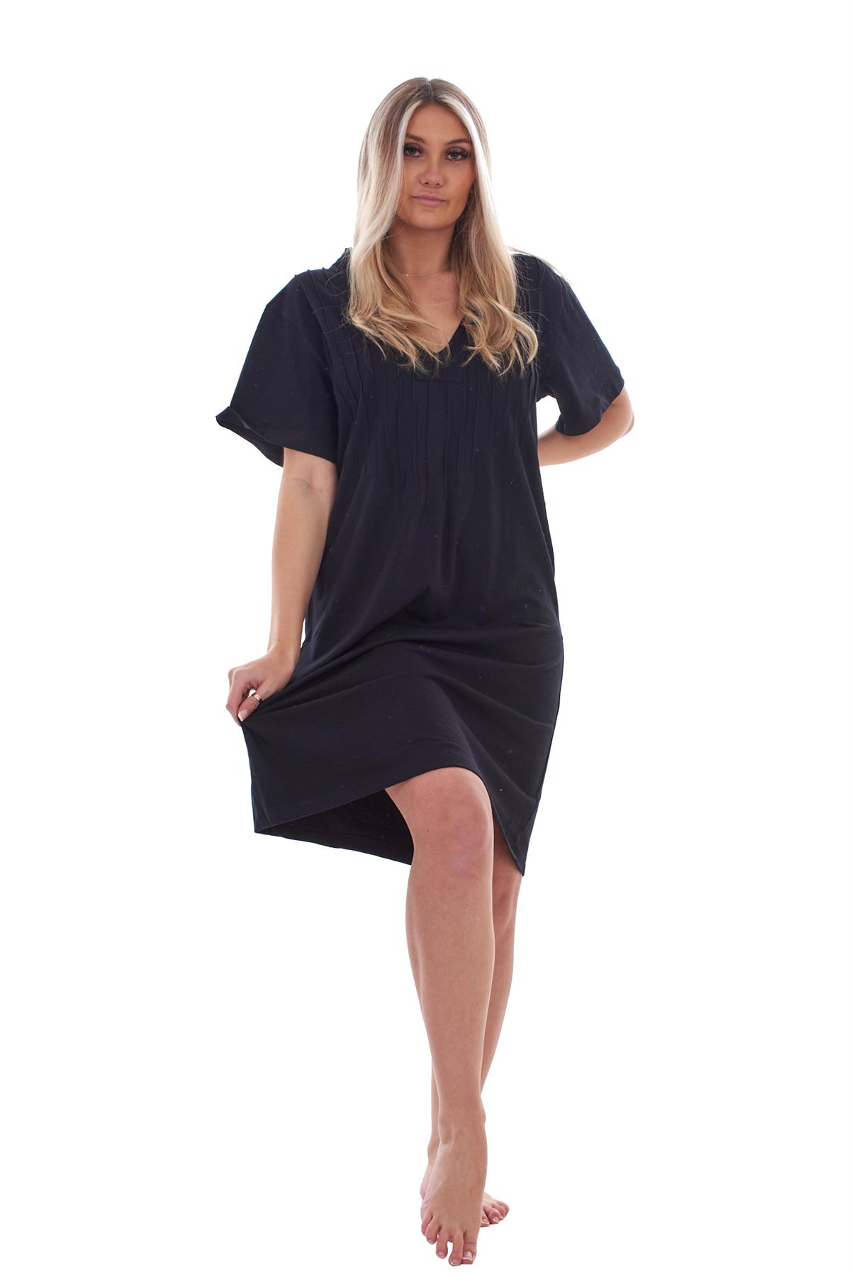 Ladies Plain Cotton Nightwear V-Neck Pleated Short Sleeve Nightie Nightshirt - Picture 11 of 33