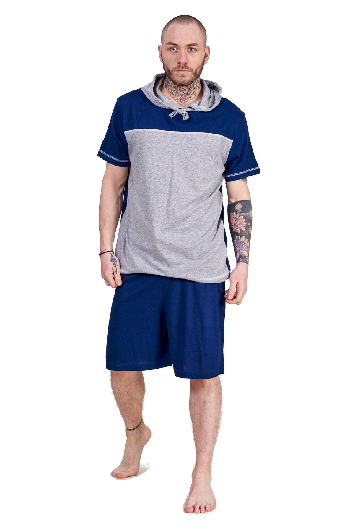 Mens Short Pyjama Set 100 Cotton Soft Jersey Hooded Top Loungewear Set