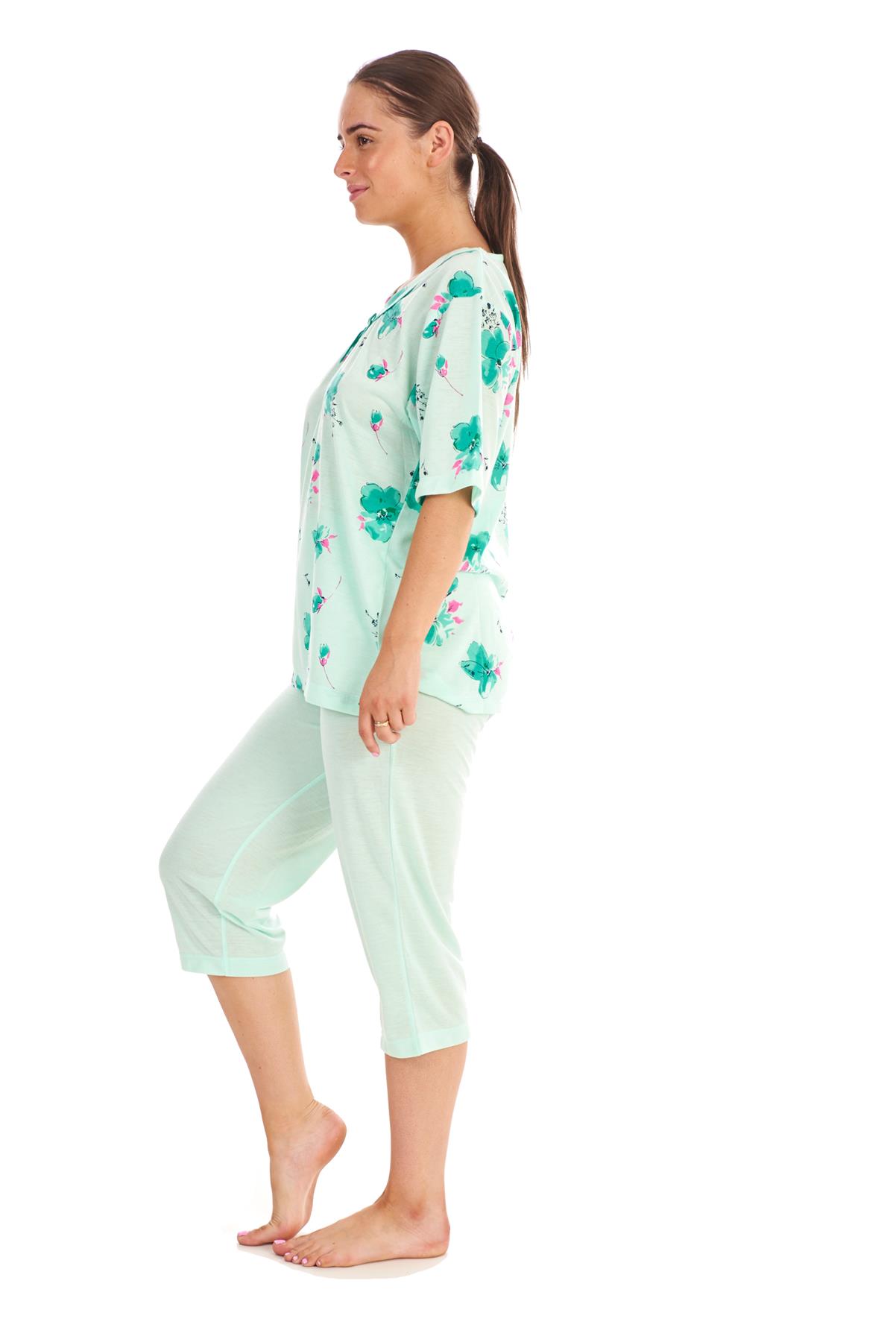 Ladies Cropped Pyjama Set Short 100 Cotton Lily Floral Print Capri