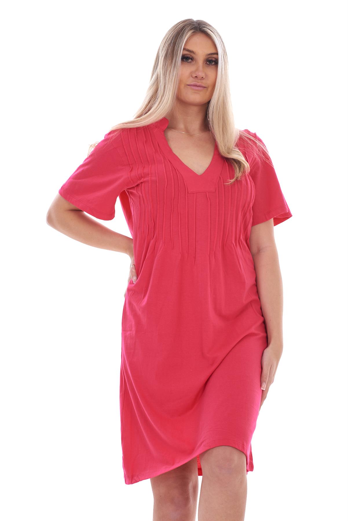 Ladies Plain Cotton Nightwear V-Neck Pleated Short Sleeve Nightie Nightshirt - Picture 21 of 33