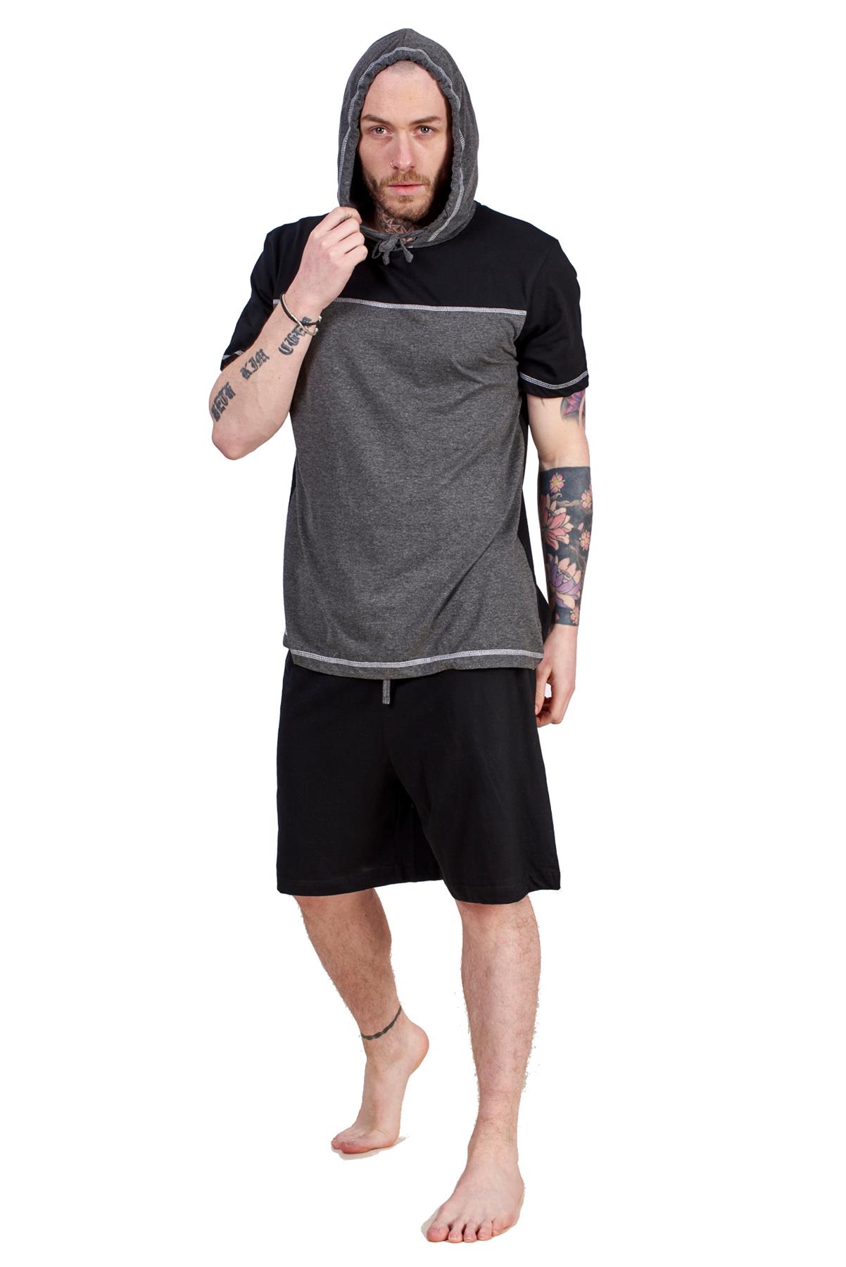 Mens Short Pyjama Set 100 Cotton Soft Jersey Hooded Top Loungewear Set