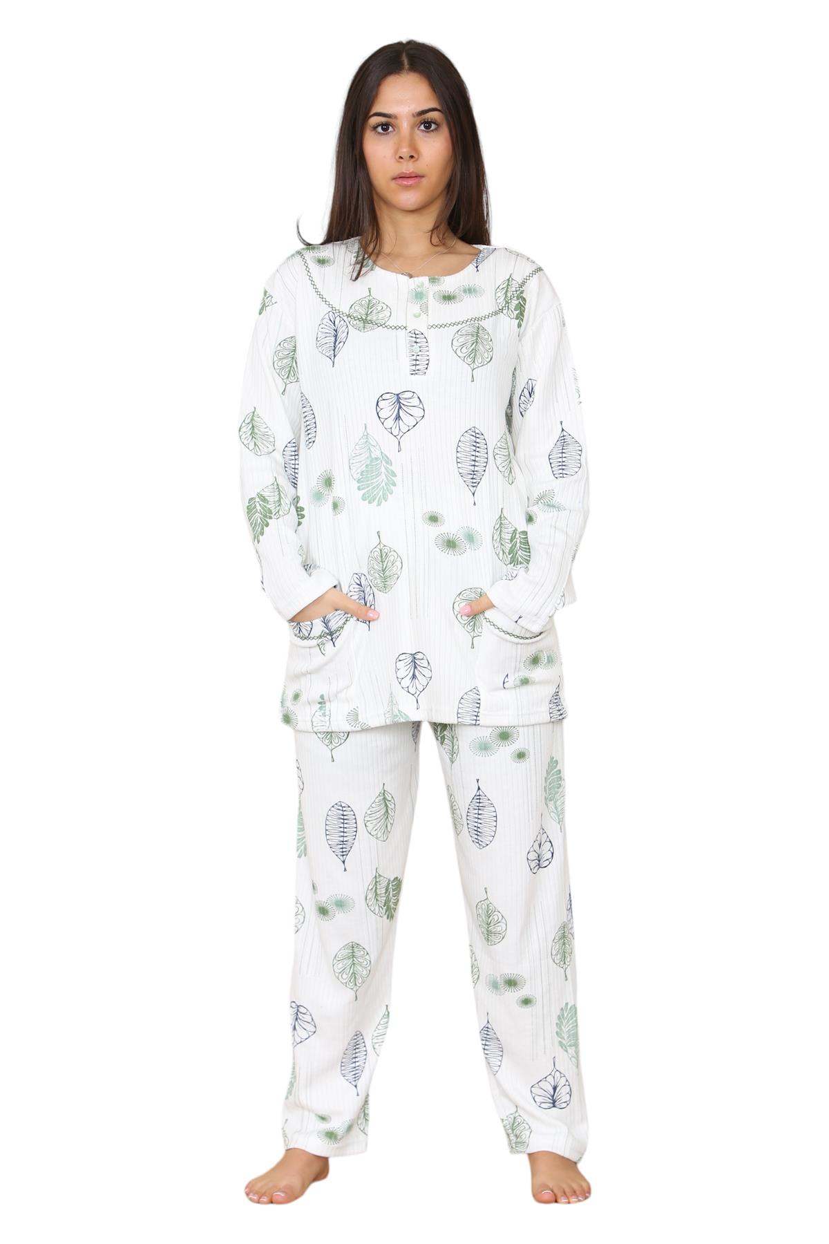 Womens Cotton Pyjamas Set Long Sleeve Leaf Print Thermal Loungewear Nightwear UK - Picture 9 of 18