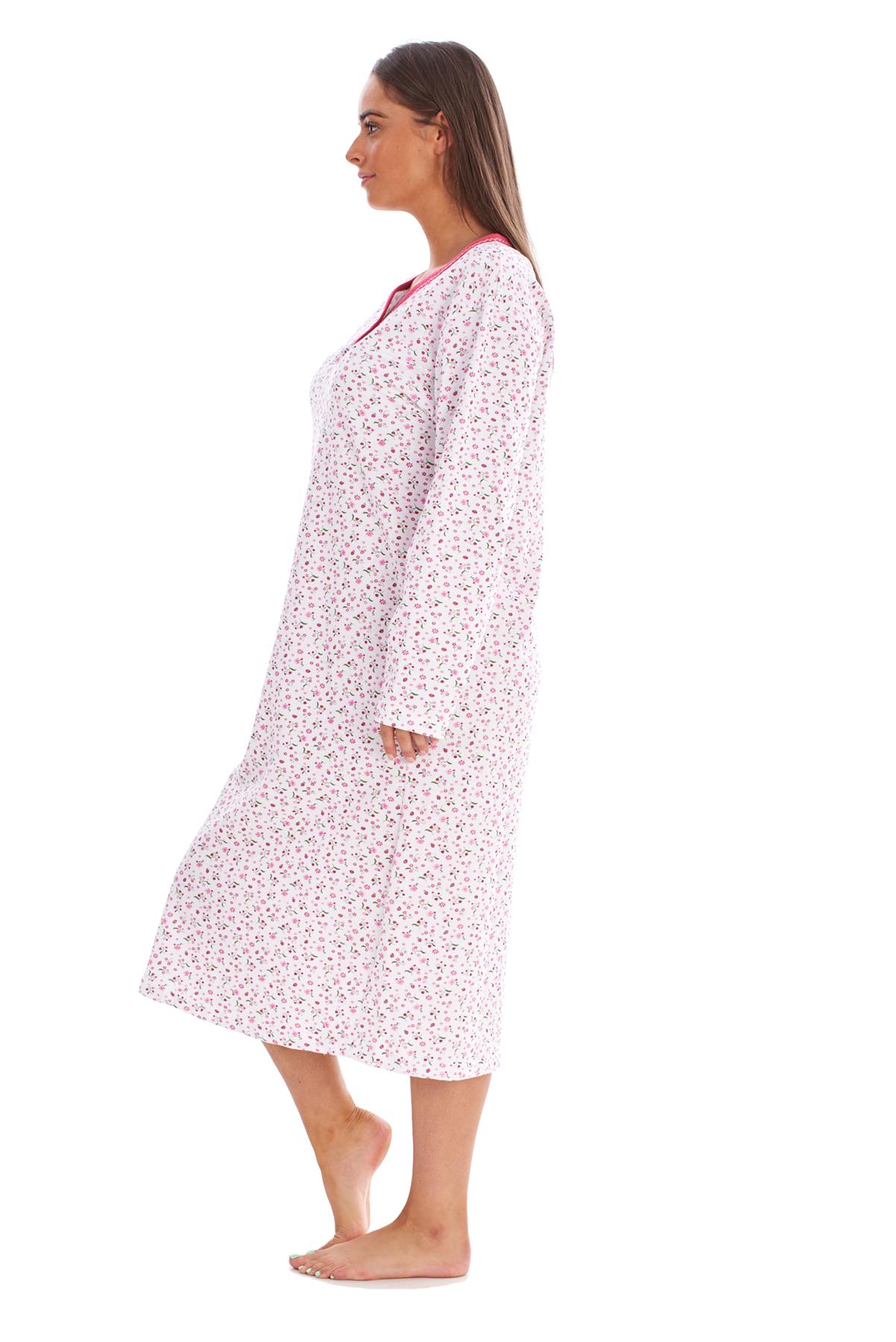 Women Fleece Nightdress Long Sleeve V Neck Floral Print Warm Thermal