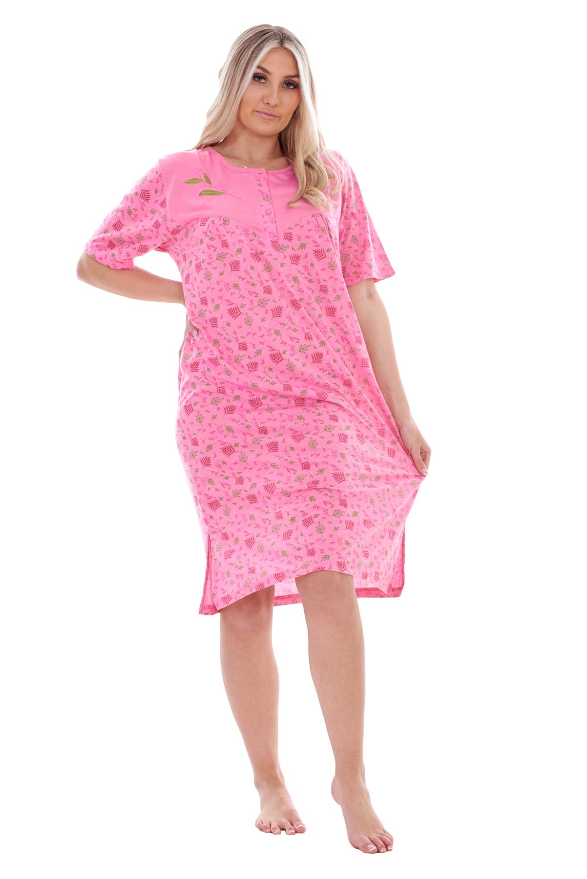 Ladies Nightdress Floral Print Chemise Short Sleeve Buttons Nightshirt