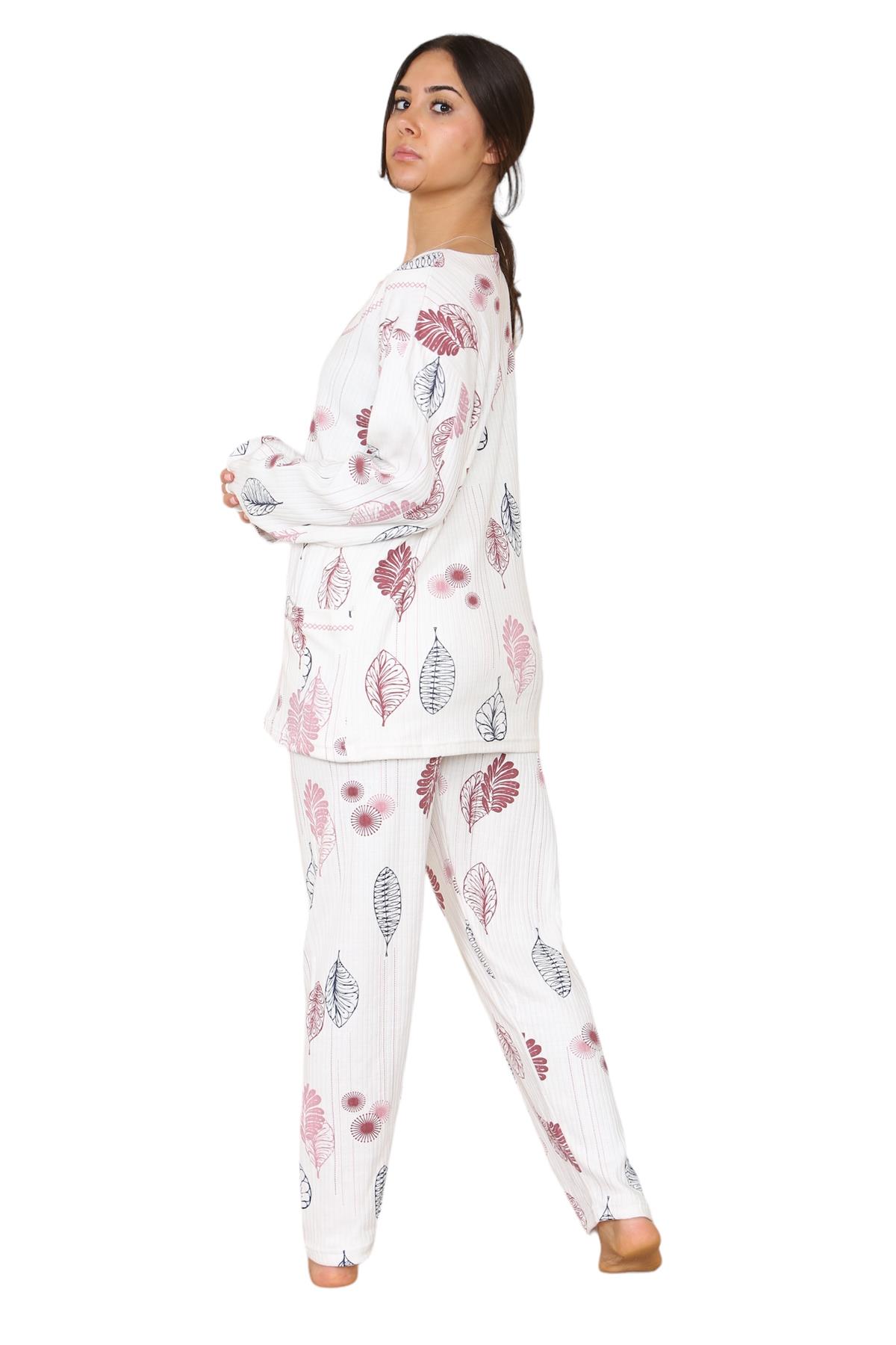 Womens Cotton Pyjamas Set Long Sleeve Leaf Print Thermal Loungewear Nightwear UK - Picture 17 of 18