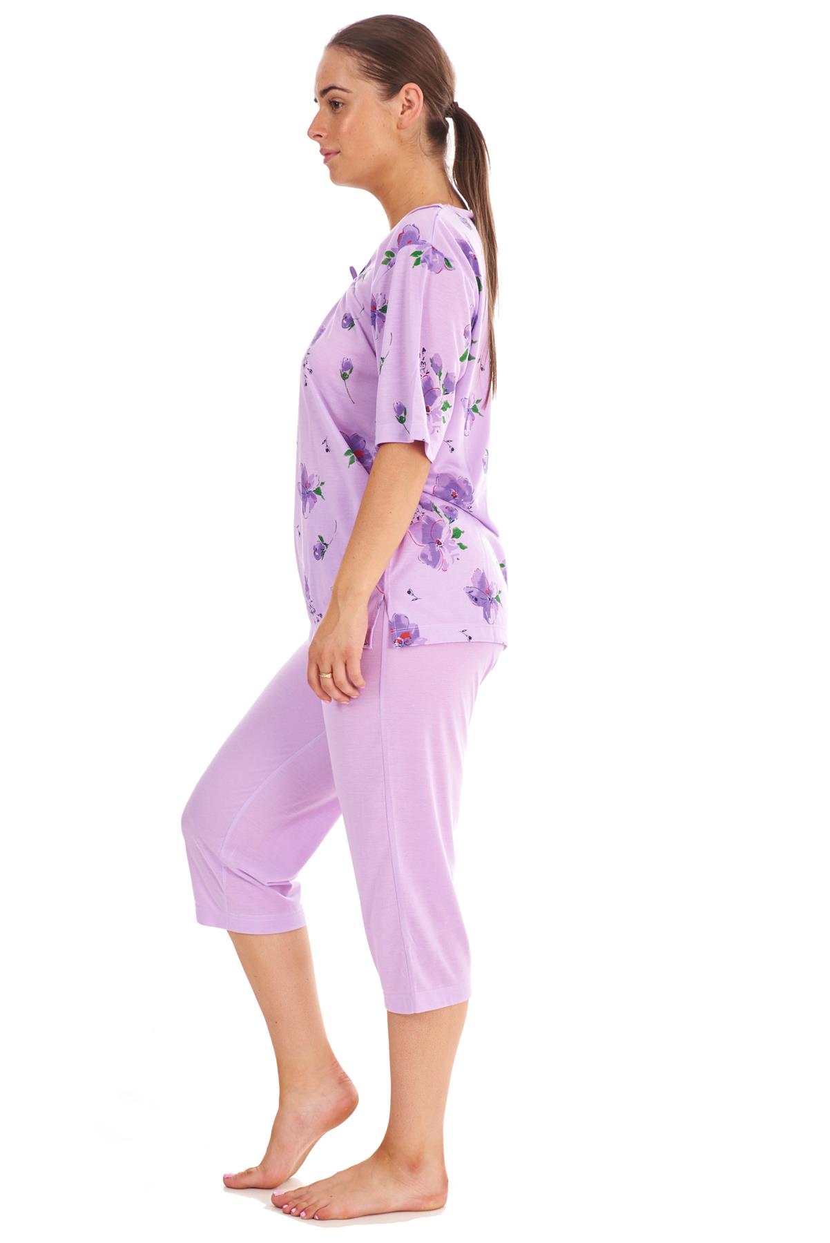 Ladies Cropped Pyjama Set Short 100 Cotton Lily Floral Print Capri