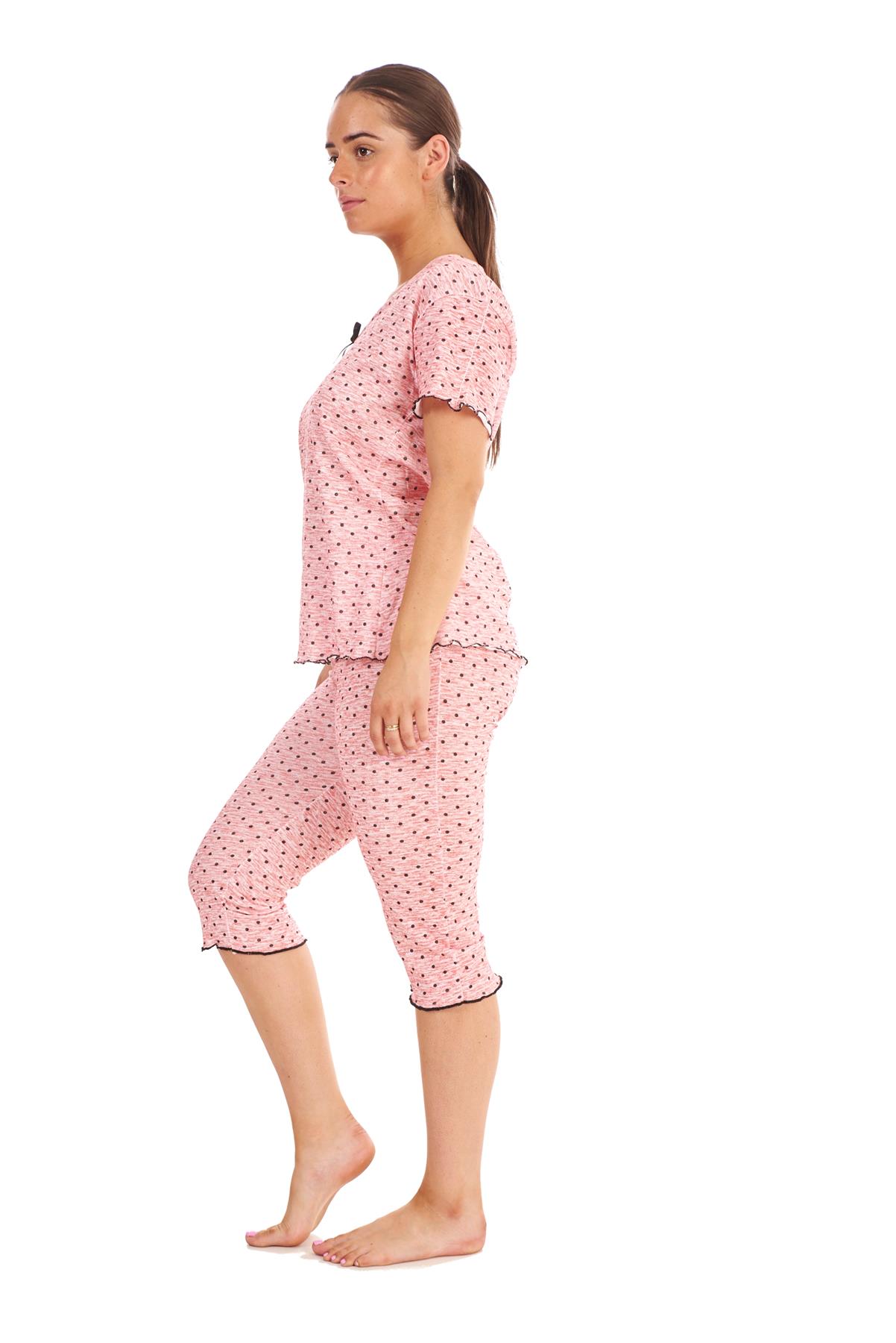 Ladies Cropped Pyjama Set Short 100% Cotton Polka Dot Melange Print V-Neck Capri | eBay