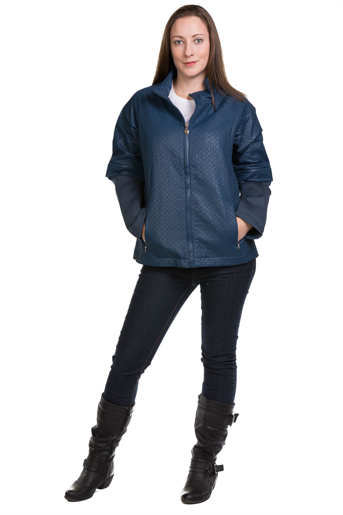 Ladies PU Jacket Leather Look Stand Collar Zipper Funnel neck Midi Coat