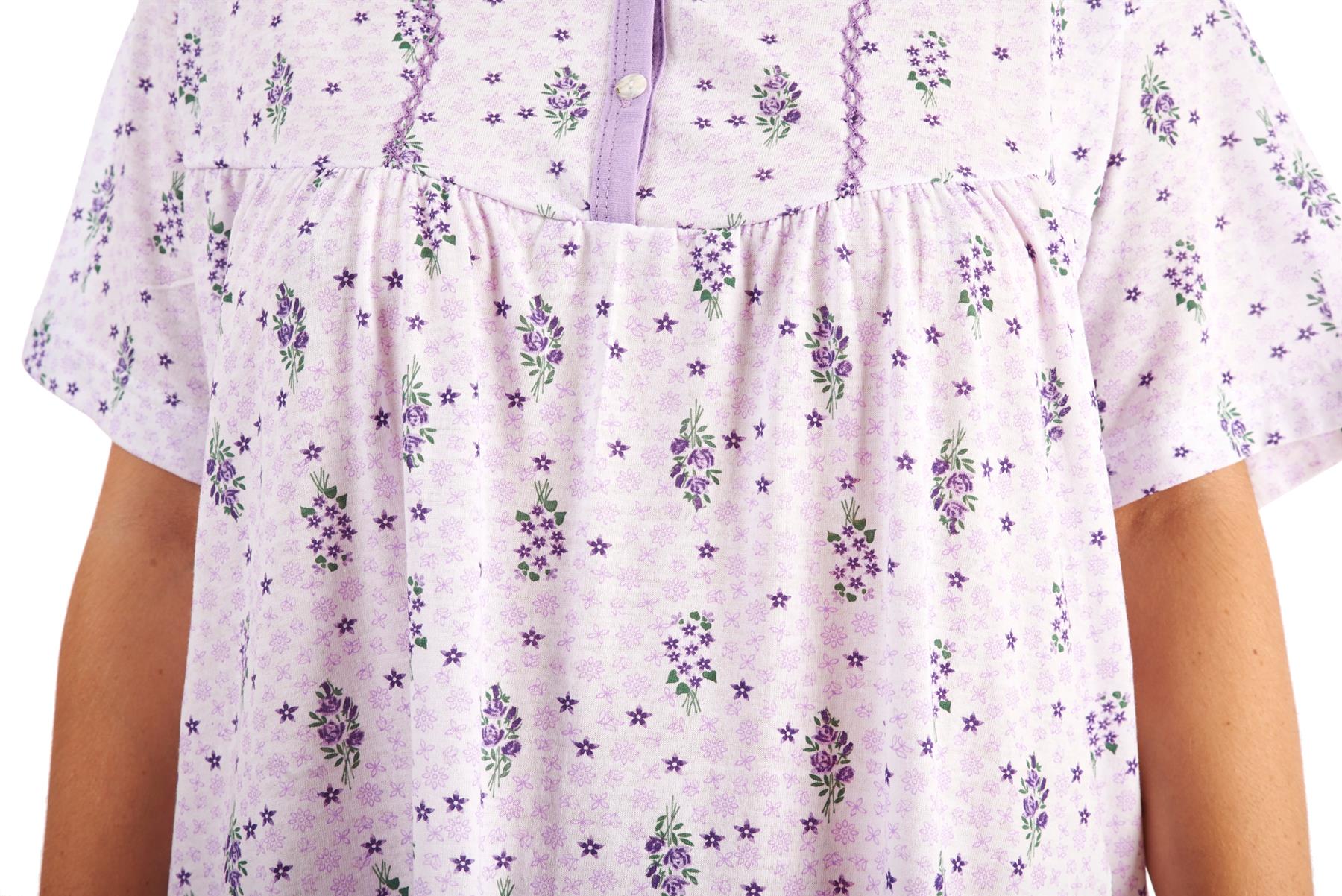 Women Cotton Long Nightdress Floral Button Short Sleeve V-Neck Soft Nightwear - Picture 8 of 16