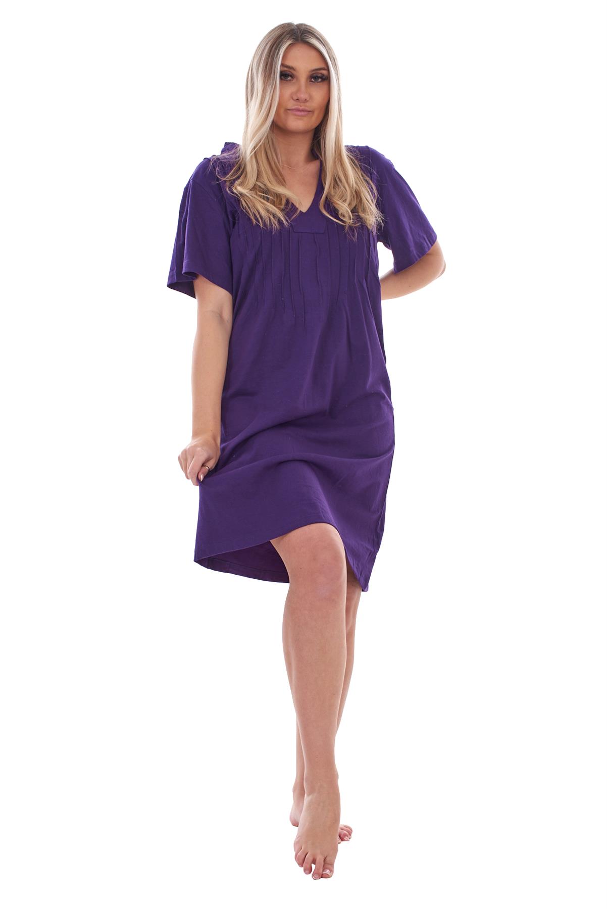 Ladies Plain Cotton Nightwear V-Neck Pleated Short Sleeve Nightie Nightshirt - Picture 32 of 33