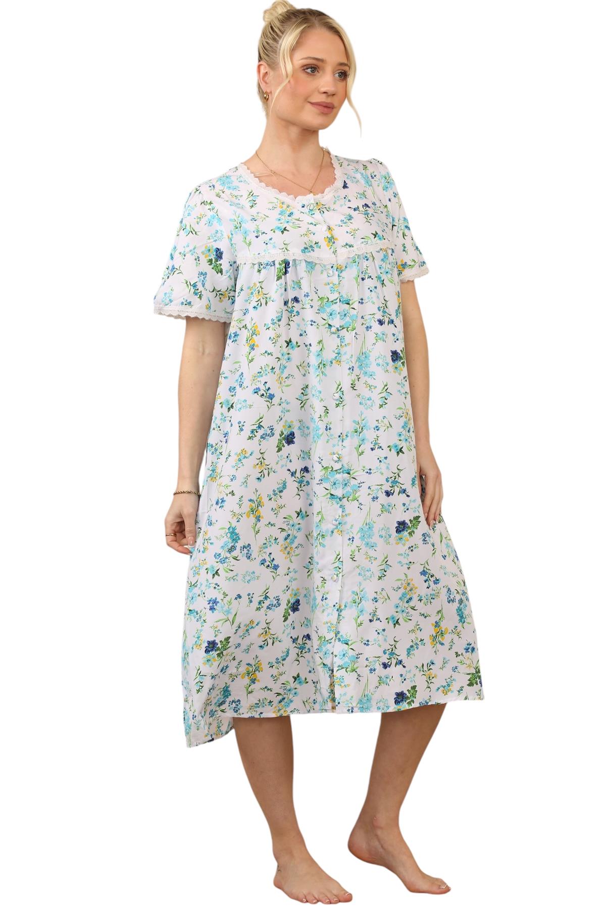 Ladies Floral Printed Lace Trim Button-Through Regular Comfort Nightdress - Picture 6 of 14