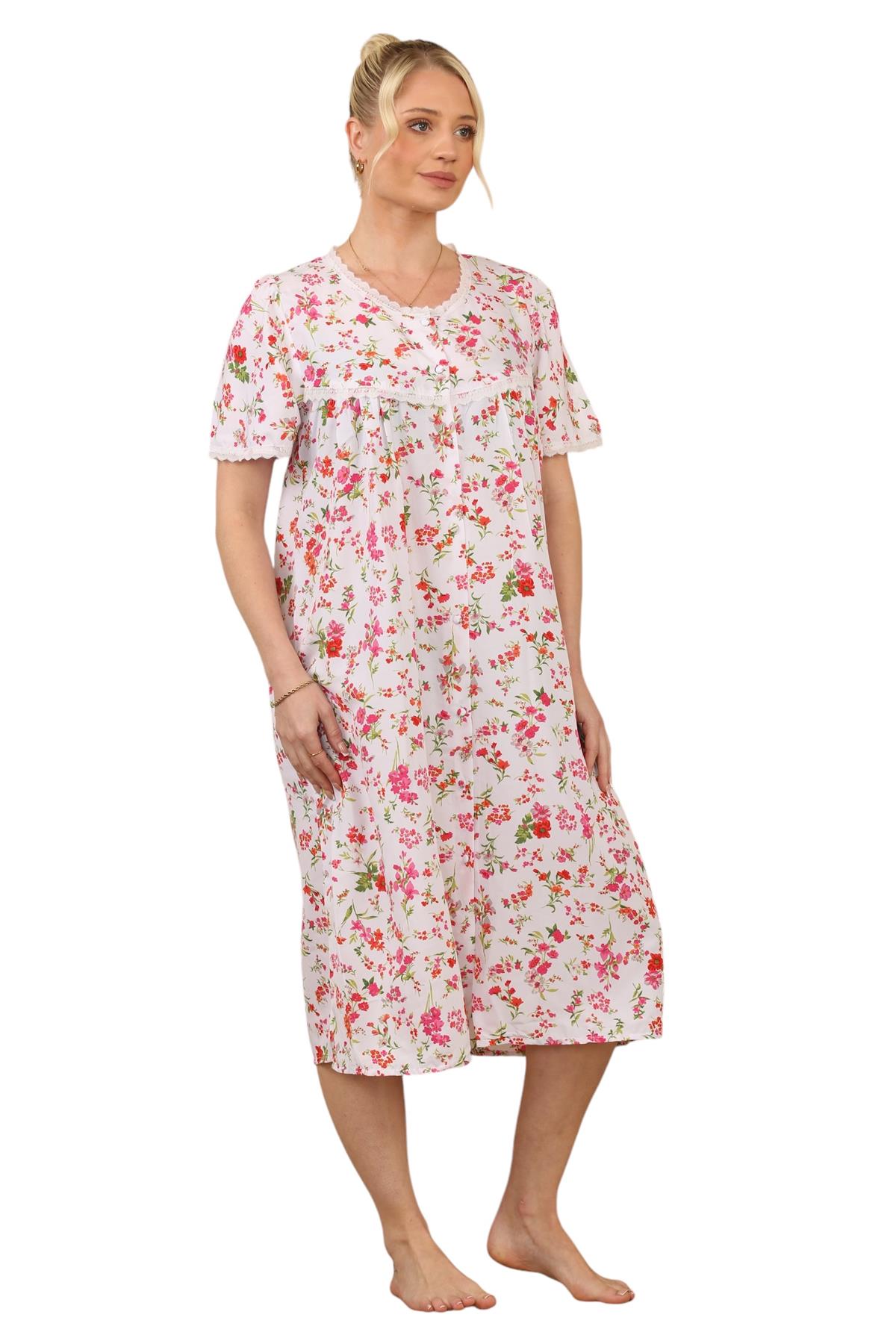 Ladies Floral Printed Lace Trim Button-Through Regular Comfort Nightdress - Picture 12 of 14