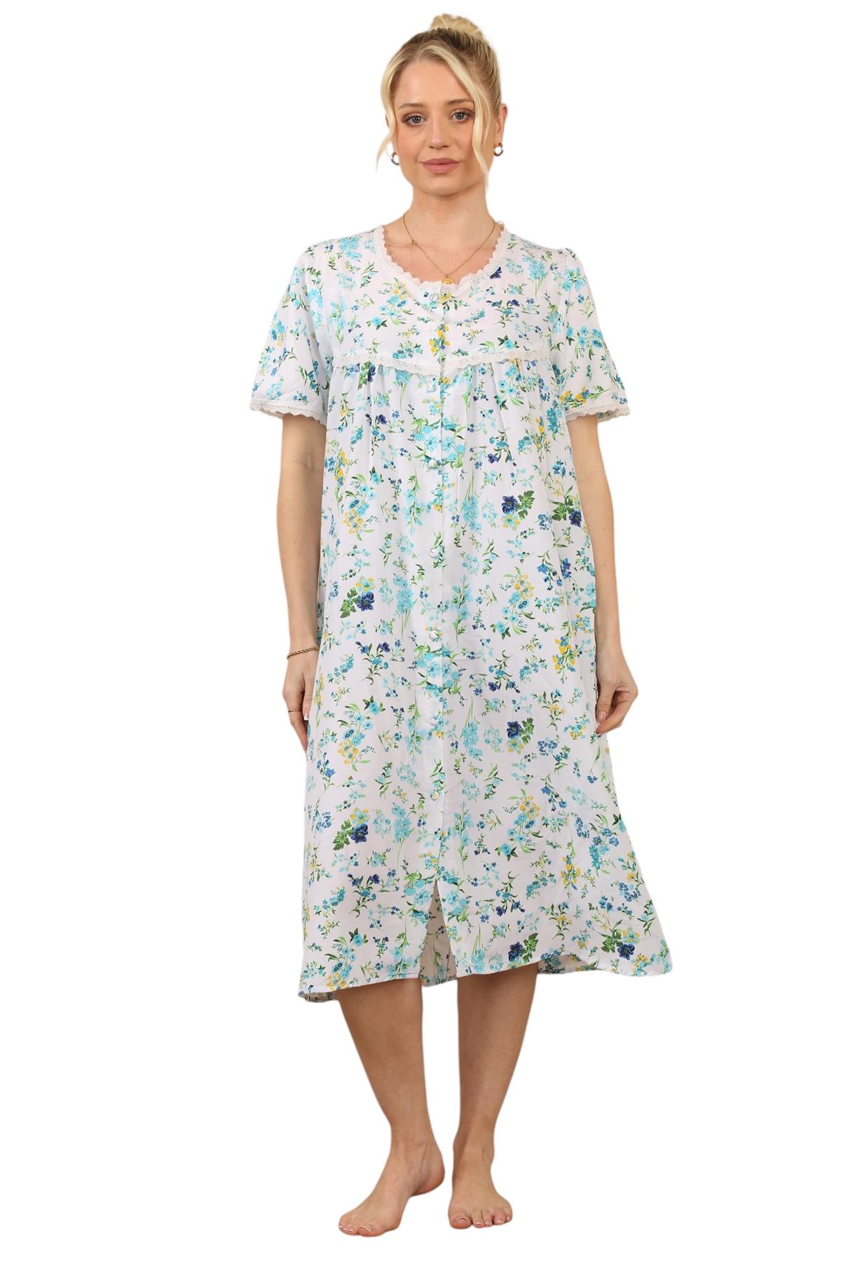 Ladies Floral Printed Lace Trim Button-Through Regular Comfort Nightdress - Picture 5 of 14
