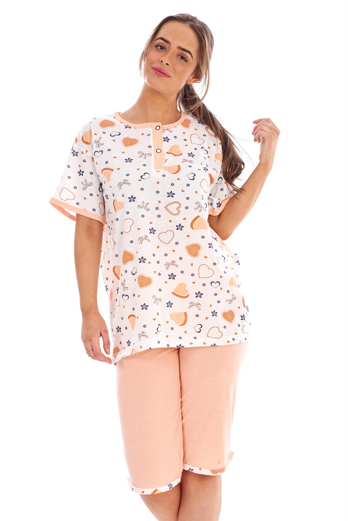 Ladies Cropped Pyjama Set 100% Cotton Heart Printed Crew Neck Buttons ...