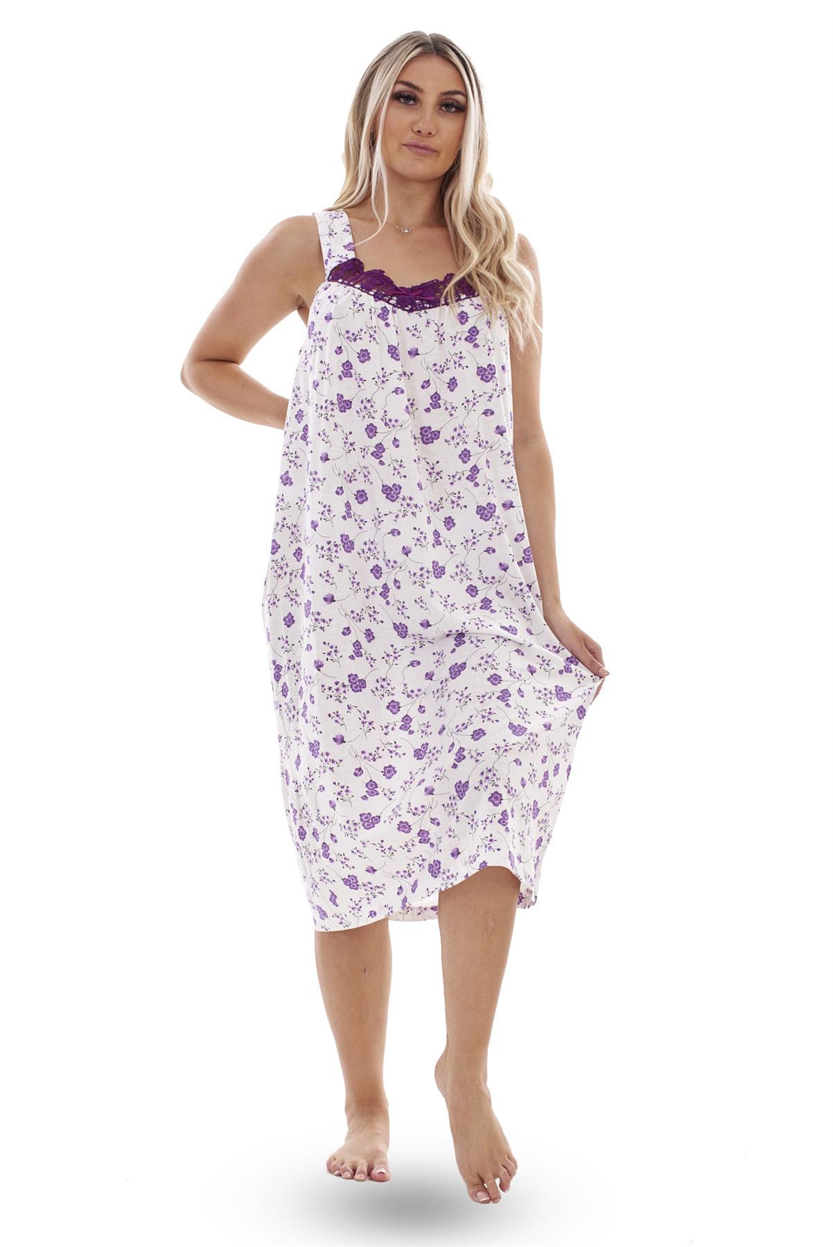 Ladies Nightwear V Neck Flower Cotton Sleeveless Long Nightdress M to XXXL - Picture 18 of 25