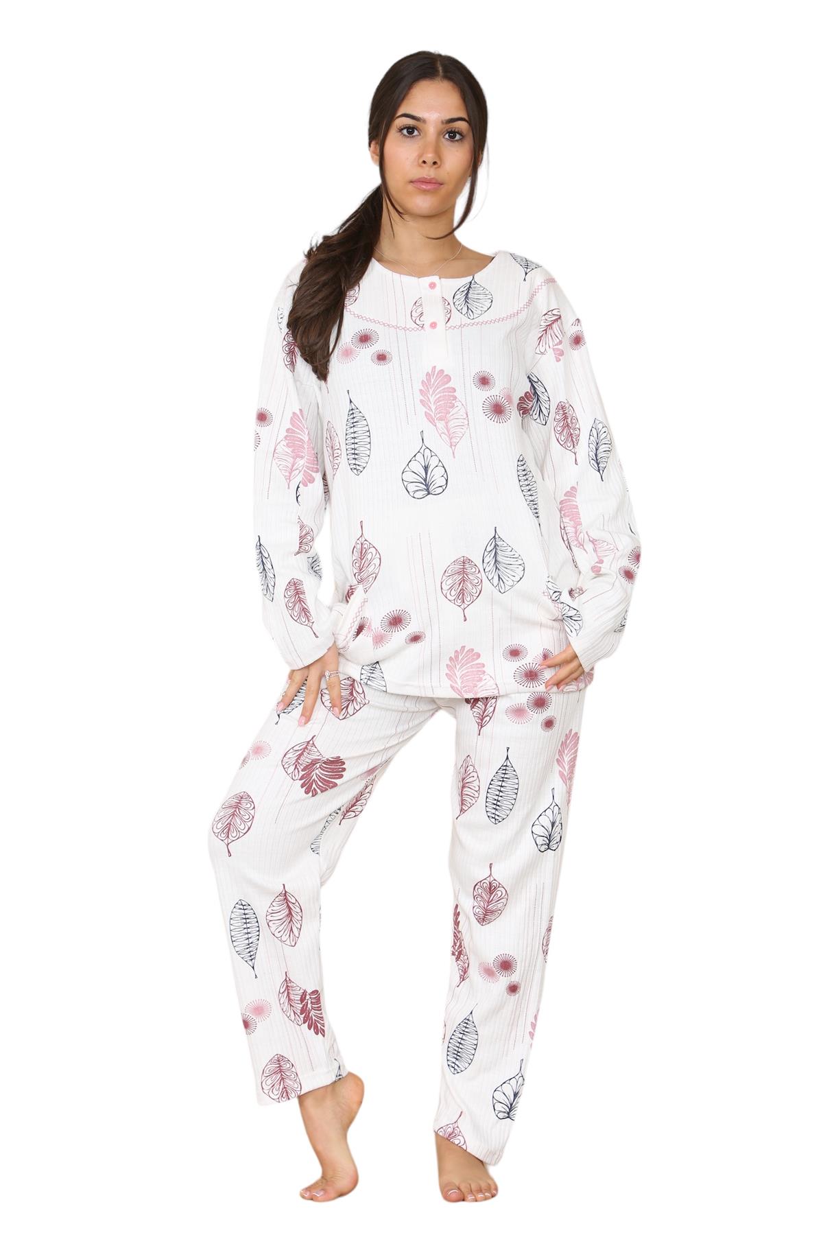 Womens Cotton Pyjamas Set Long Sleeve Leaf Print Thermal Loungewear Nightwear UK - Picture 13 of 18