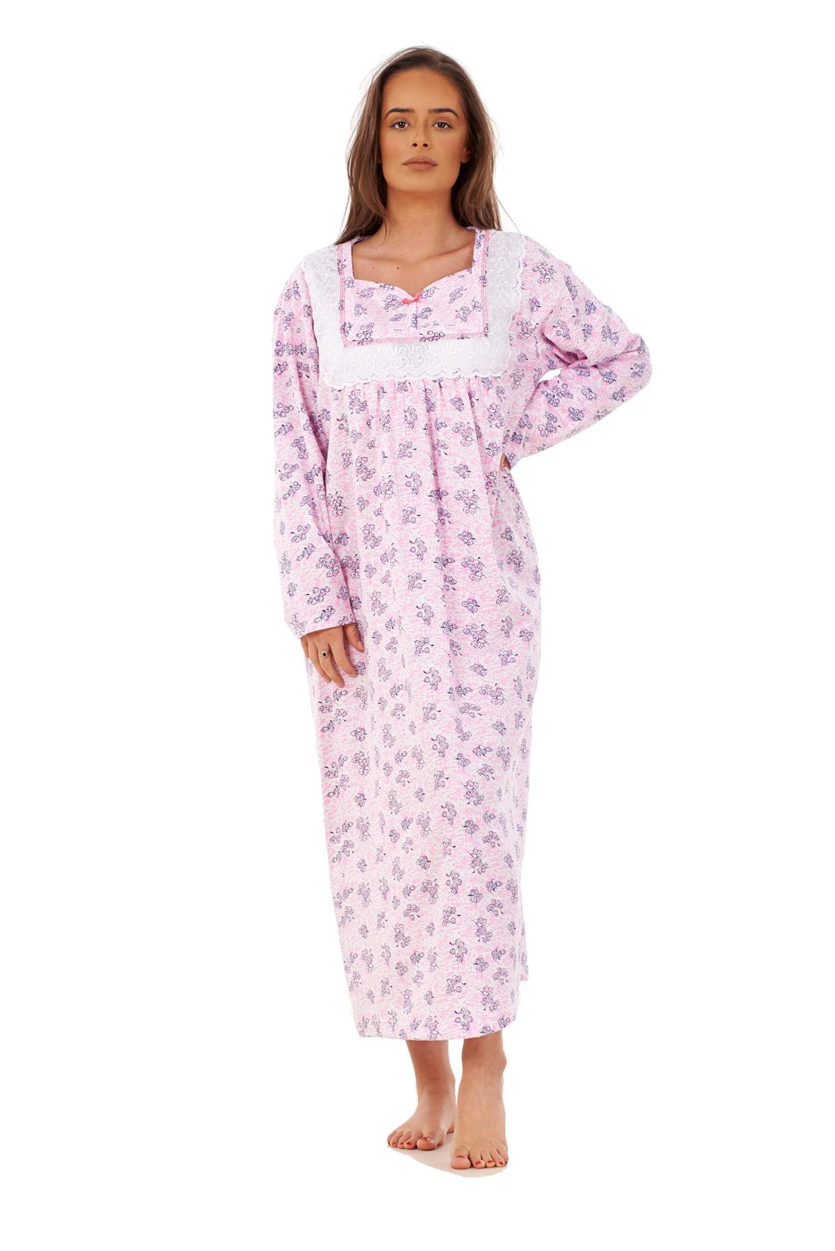 Women Warm Nightwear Floral Print 100 Brushed Cotton Long Sleeve