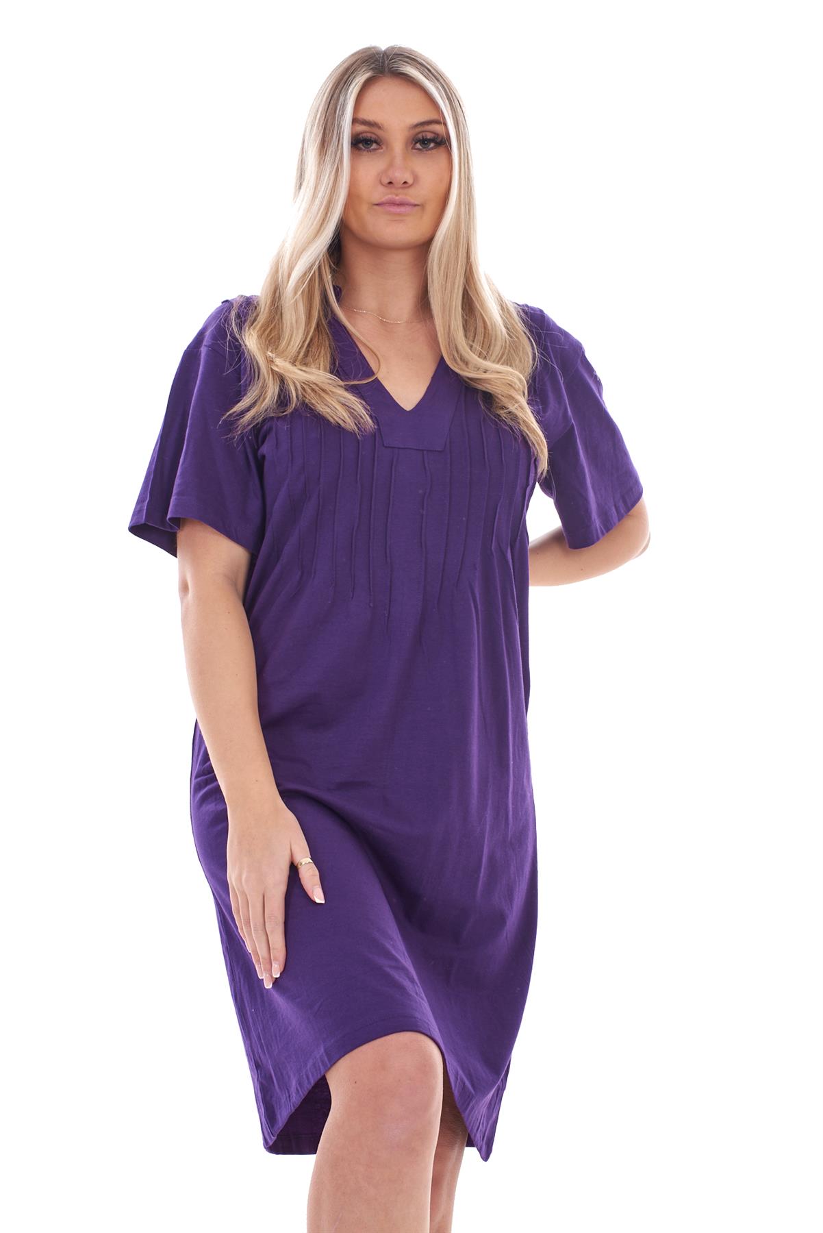 Ladies Plain Cotton Nightwear V-Neck Pleated Short Sleeve Nightie Nightshirt - Picture 27 of 33