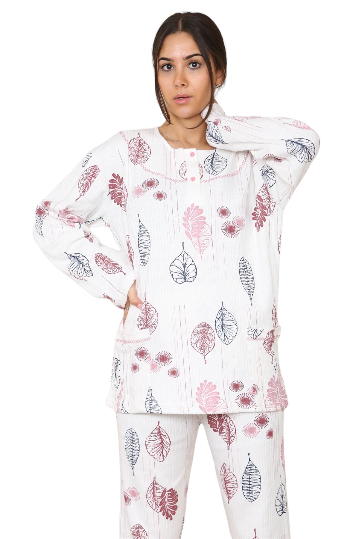 Womens Cotton Pyjamas Set Long Sleeve Leaf Print Thermal Loungewear Nightwear UK - Picture 18 of 18