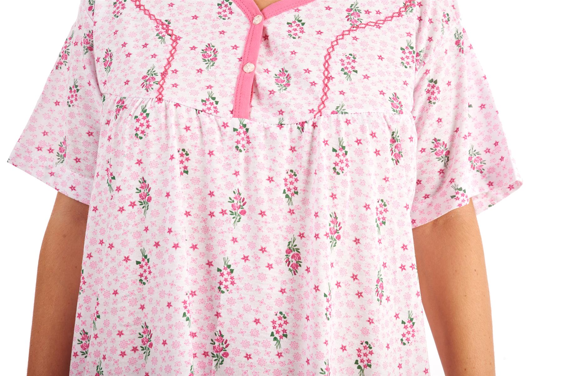 Women Cotton Long Nightdress Floral Button Short Sleeve V-Neck Soft Nightwear - Picture 14 of 16