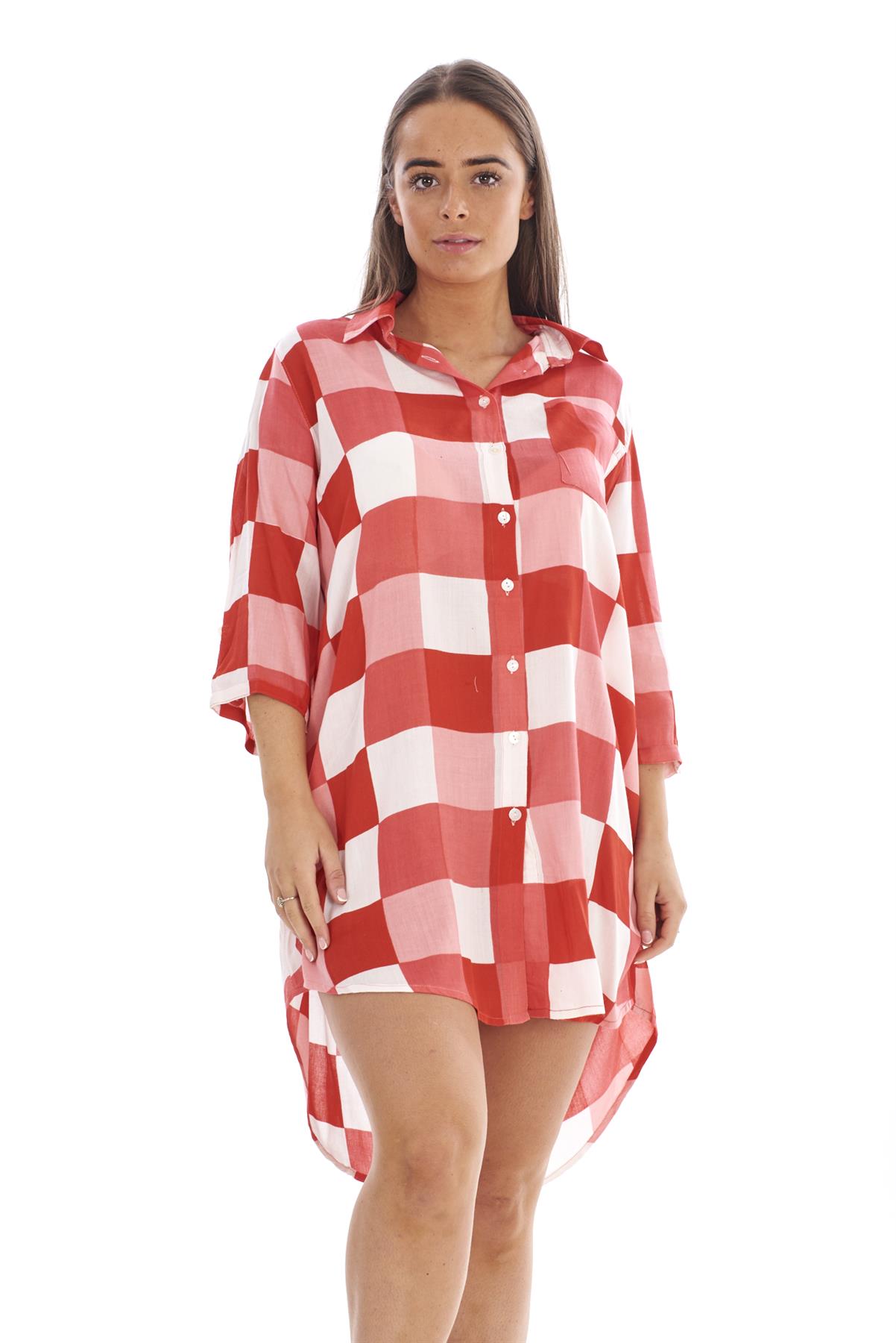 Women's Soft Cotton Check Nightshirt Long Sleeve Sleepwear Dress S to 2XL - Picture 16 of 21