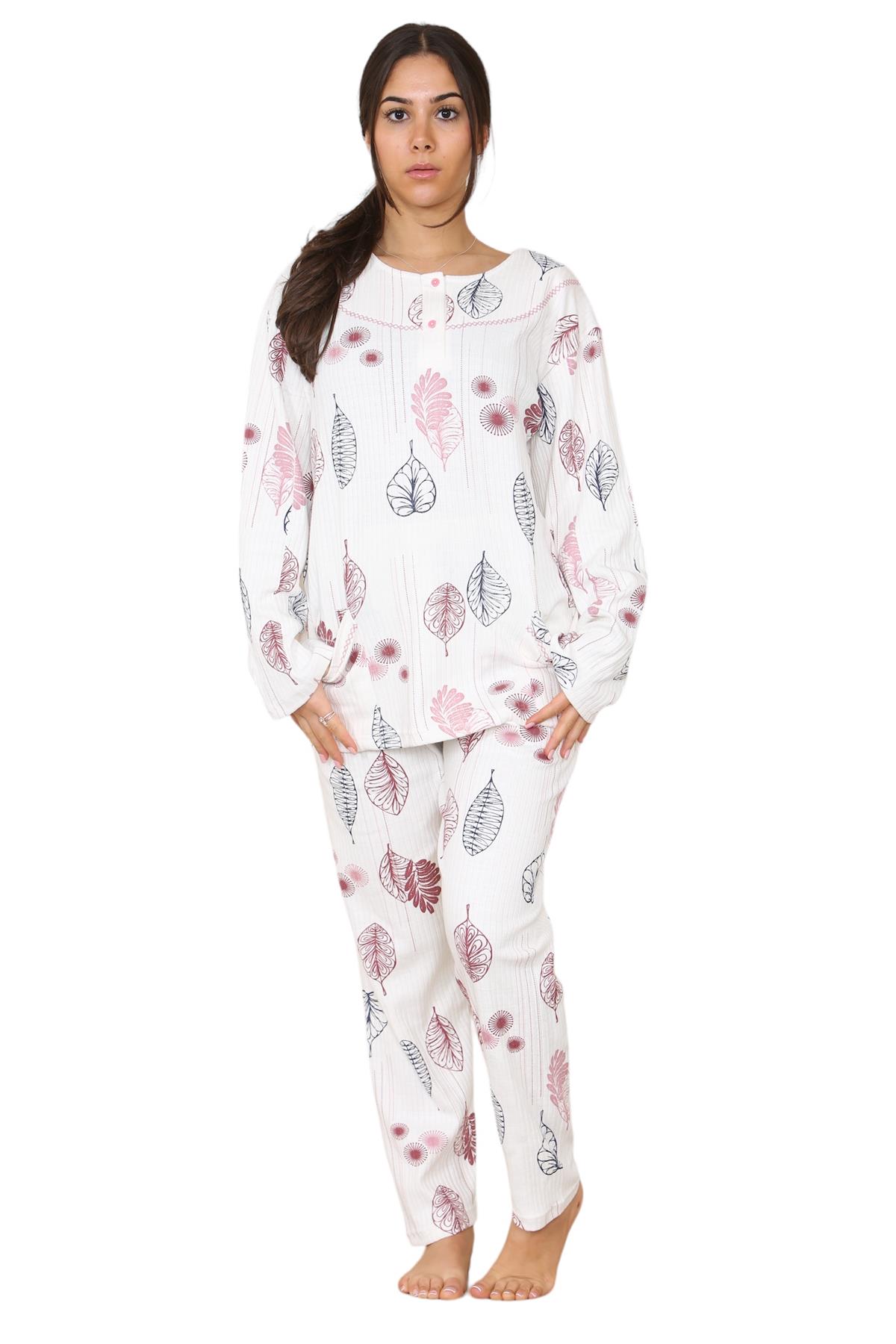 Womens Cotton Pyjamas Set Long Sleeve Leaf Print Thermal Loungewear Nightwear UK - Picture 14 of 18