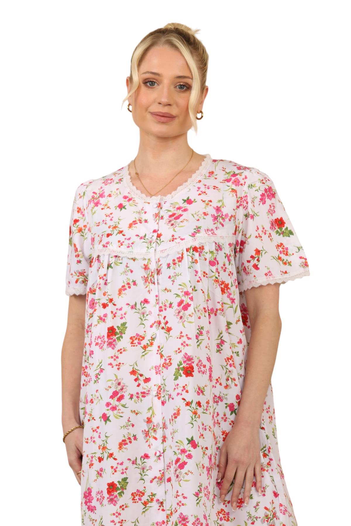 Ladies Floral Printed Lace Trim Button-Through Regular Comfort Nightdress - Picture 14 of 14