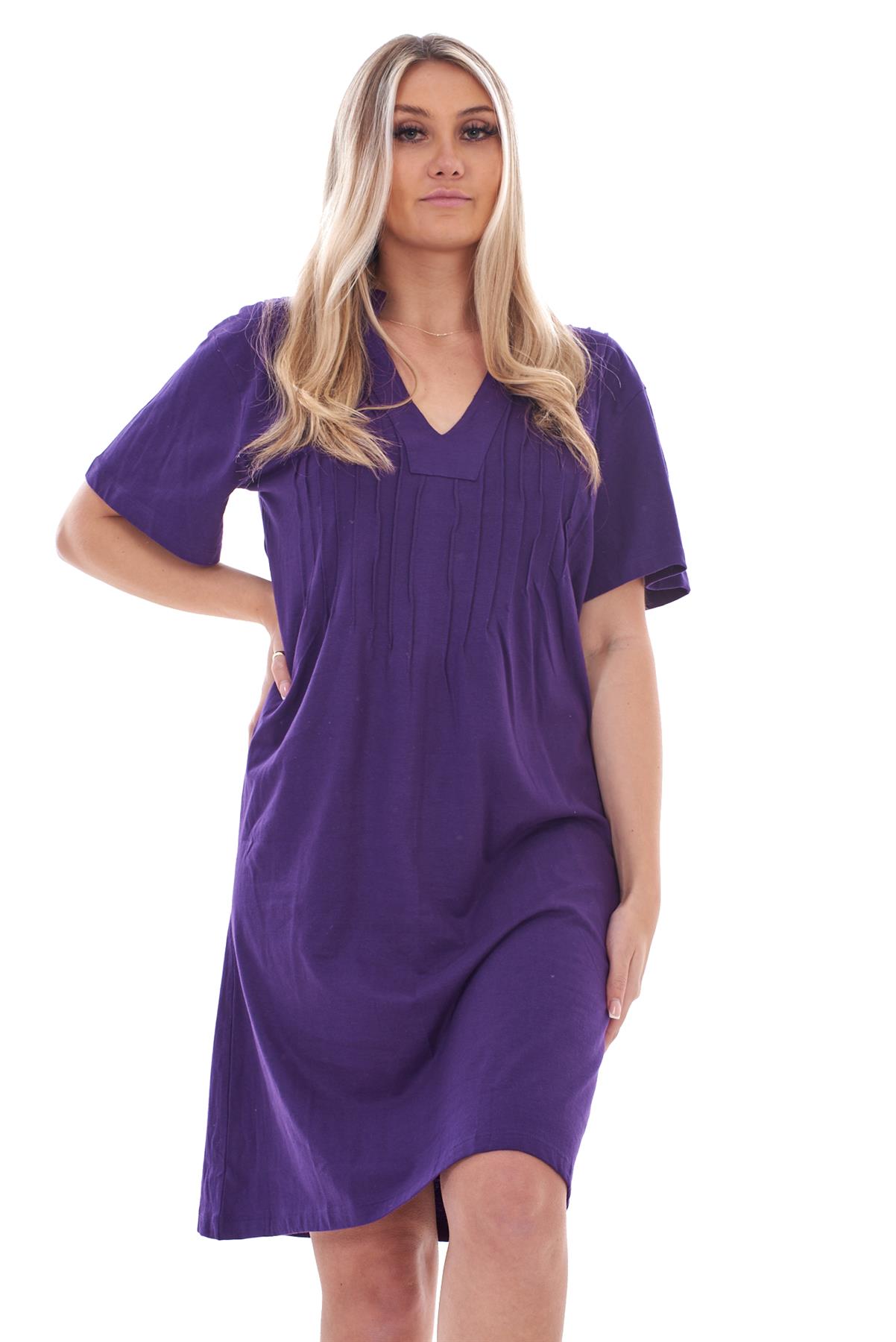 Ladies Plain Cotton Nightwear V-Neck Pleated Short Sleeve Nightie Nightshirt - Picture 28 of 33