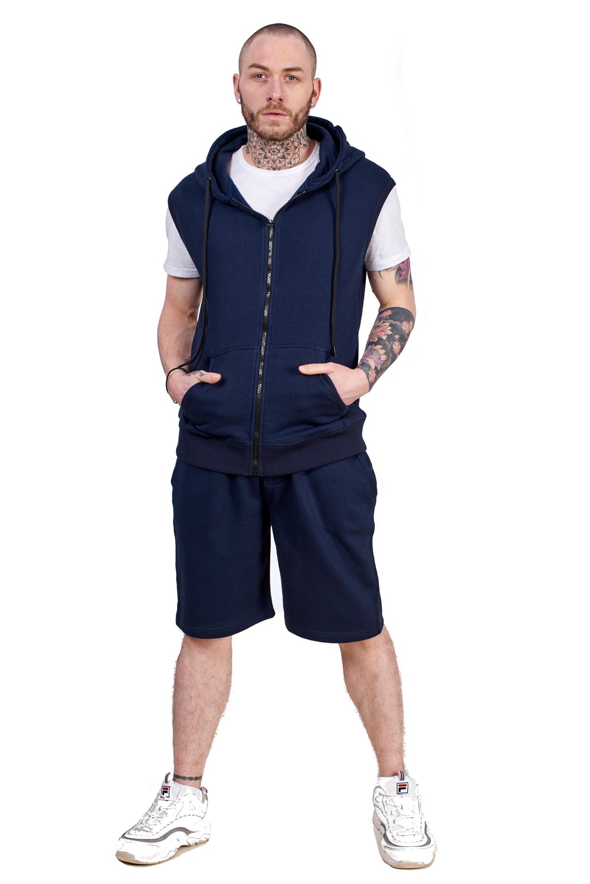 Mens Hoodie & Short Tracksuit Set Sleeveless Zipper Pockets Casual Tops S to XL Mens Hoodie & Short Tracksuit Set Sleeveless Zipper Pockets Casual Tops S to XL
