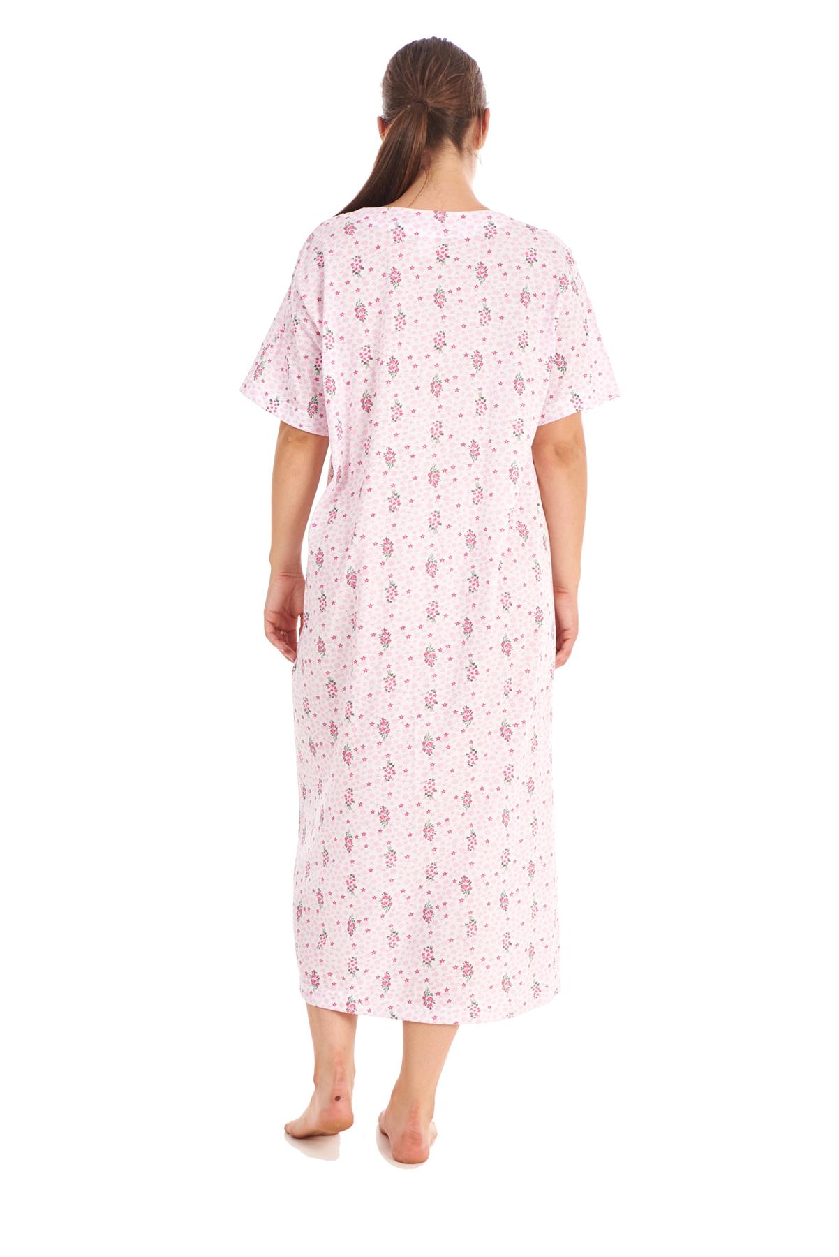 Women Cotton Long Nightdress Floral Button Short Sleeve V-Neck Soft Nightwear - Picture 13 of 16